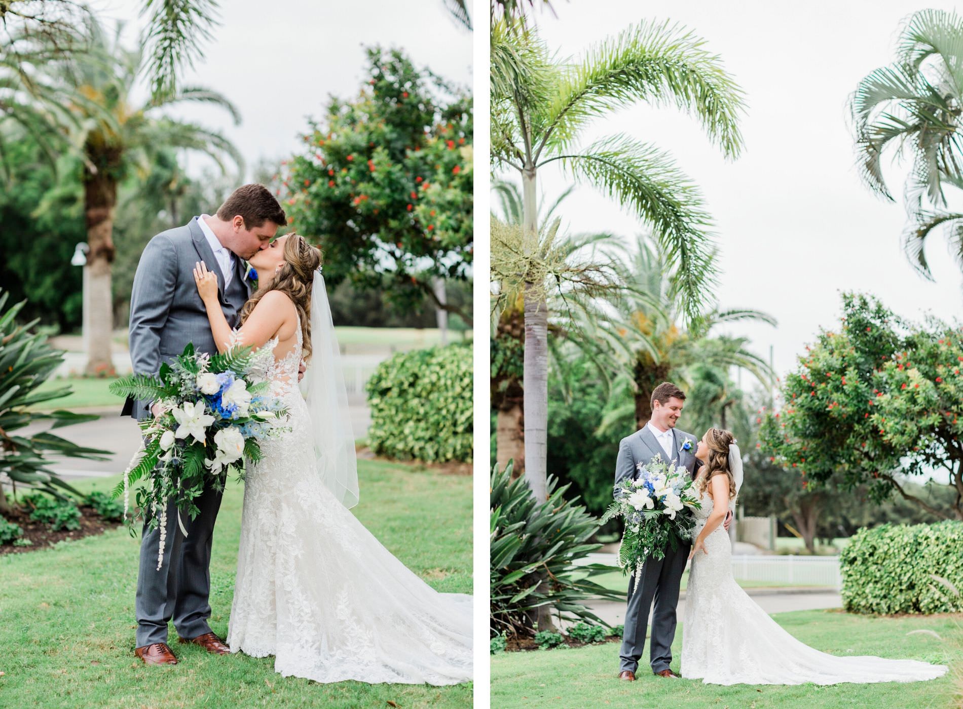 Bride and Groom Outdoor Wedding Portraits | St. Pete Wedding Venue Isla Del Sol | Lace Bridal Wedding Gown and Groom Grey Suit