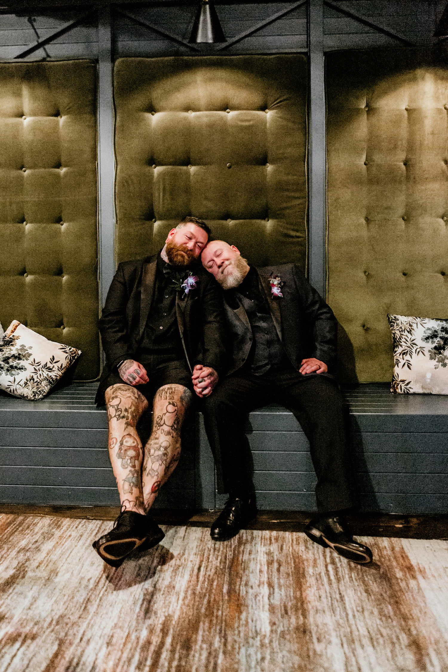 Same Sex Tampa Gay Grooms in Tuxedo and Shorts with Tattoos Wedding Portrait | St. Pete Unique Wedding Venue Station House