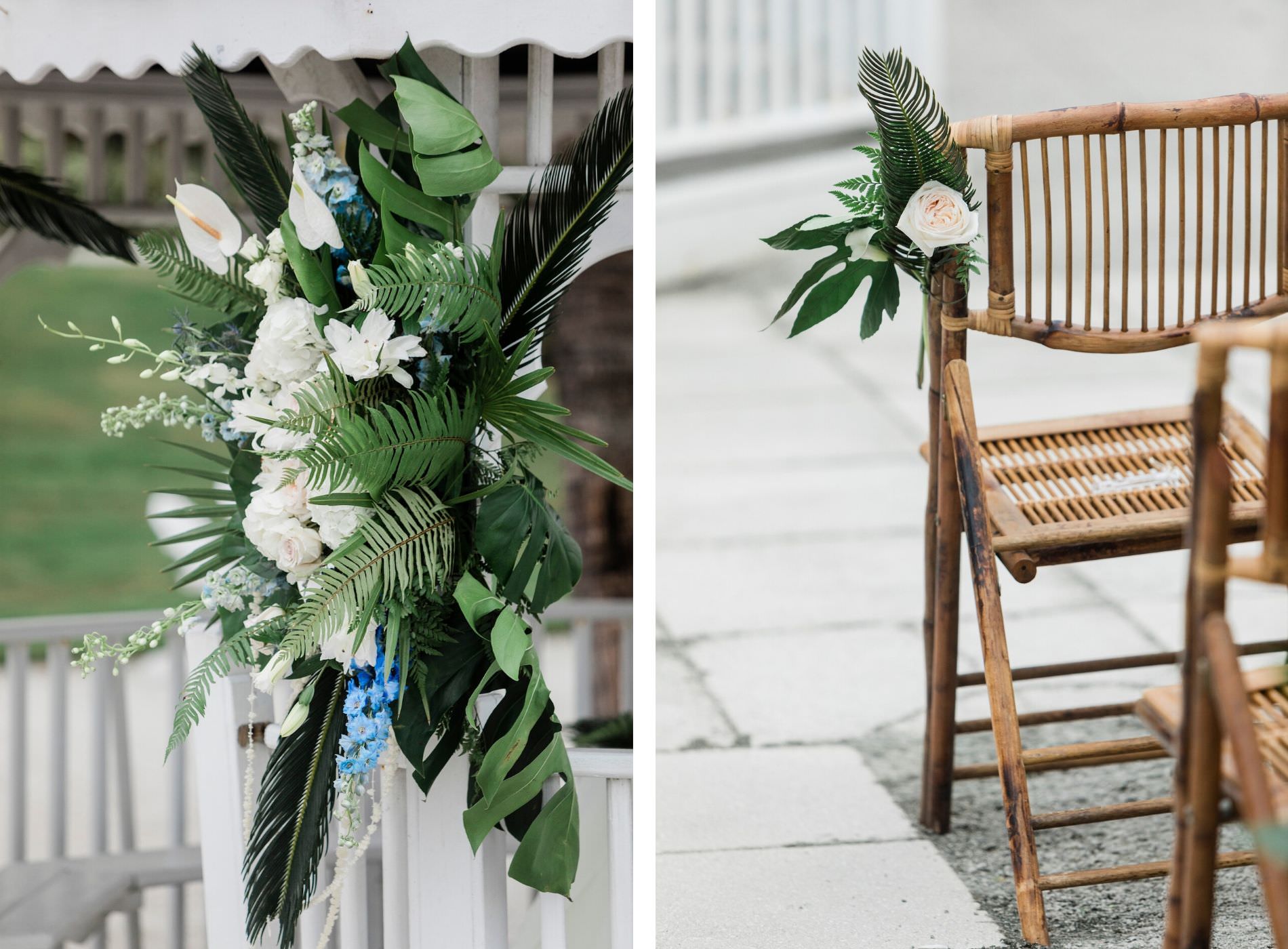 Tropical White and Green Wedding Ceremony Floral Arrangements with Palms, Greenery, Ferns, Hydrangea, Blue Hyacinth | Tropical Wedding Bamboo Folding Chairs