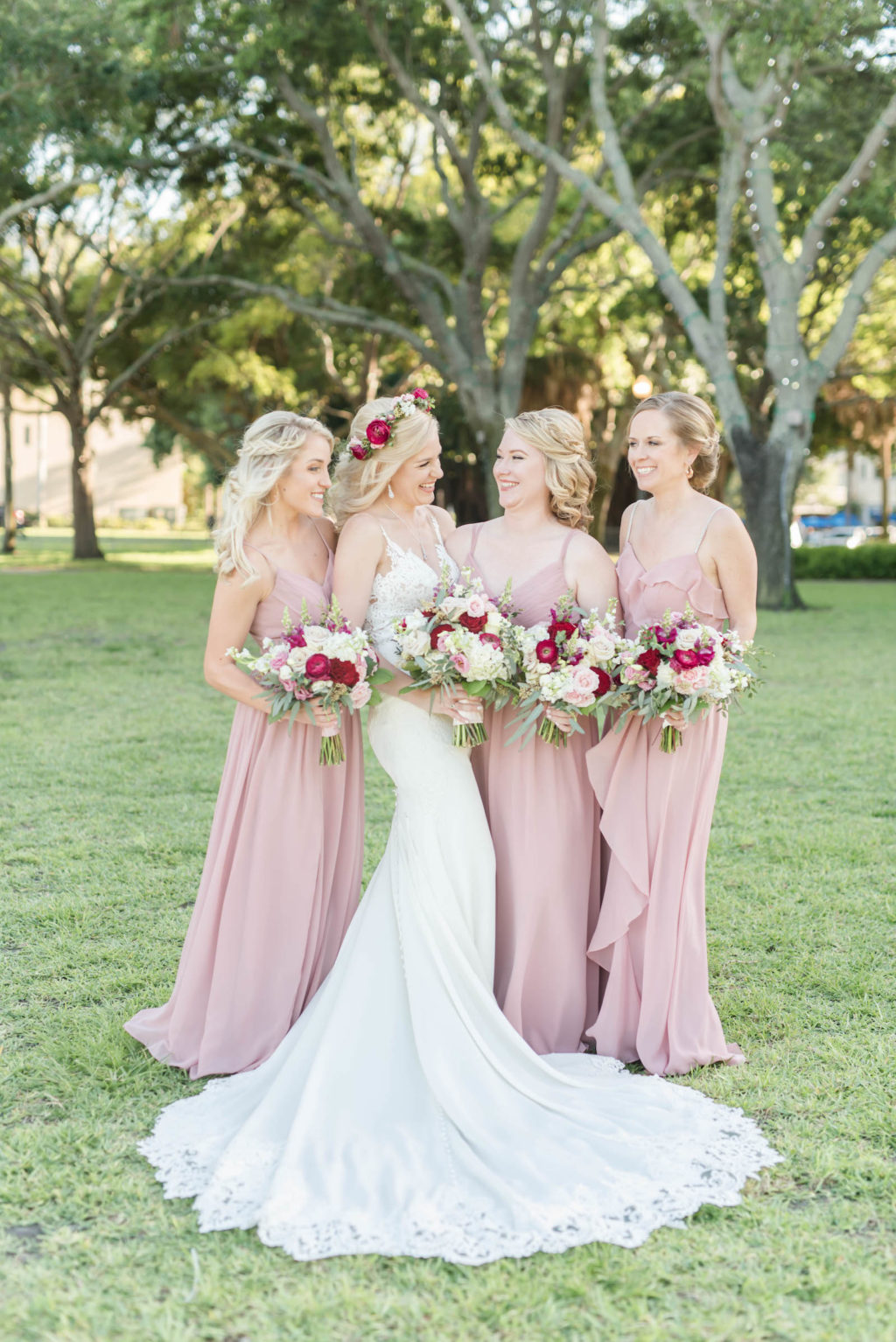 Bride and Bridesmaids Portraits | Blush Pink Dusty Rose Mismatched Chiffon Bridesmaid Dresses | Stella York Lace Sheath Spaghetti Strap Empire Waist Wedding Dress Bridal Gown | Bride Wedding Bouquet and Halo Crown with Blush Pink Dusty and Burgundy Rose Garden Roses, Snapdragons, Stock, and Eucalyptus Greenery | St. Pete Wedding Florist Leaf it to Us