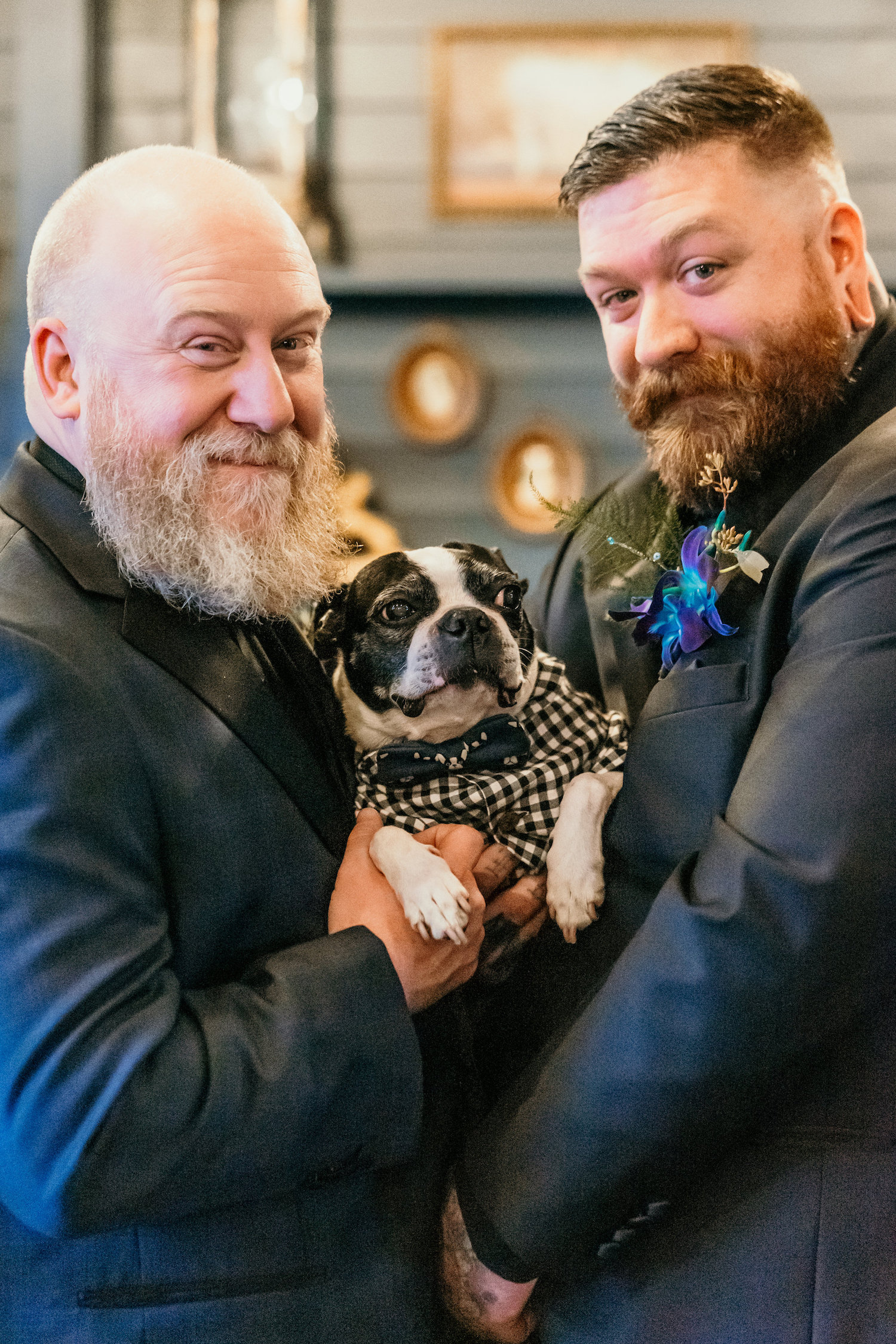 Same Sex Tampa Gay Grooms with French Bulldog in Tuxedos Wedding Portrait