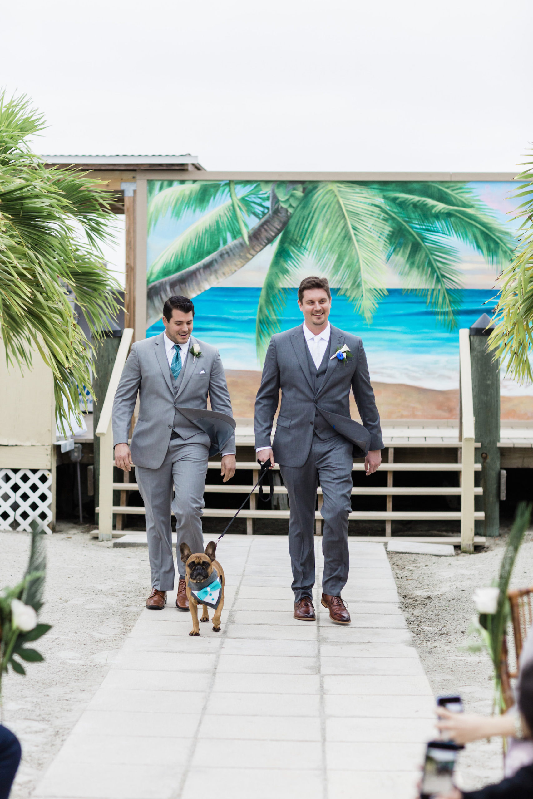 Dog Walking Down Aisle during Wedding Ceremony | Wedding Dog of Honor | Dog Wedding Bandana Bow Tie | Grey Charcoal Groomsmen Guits