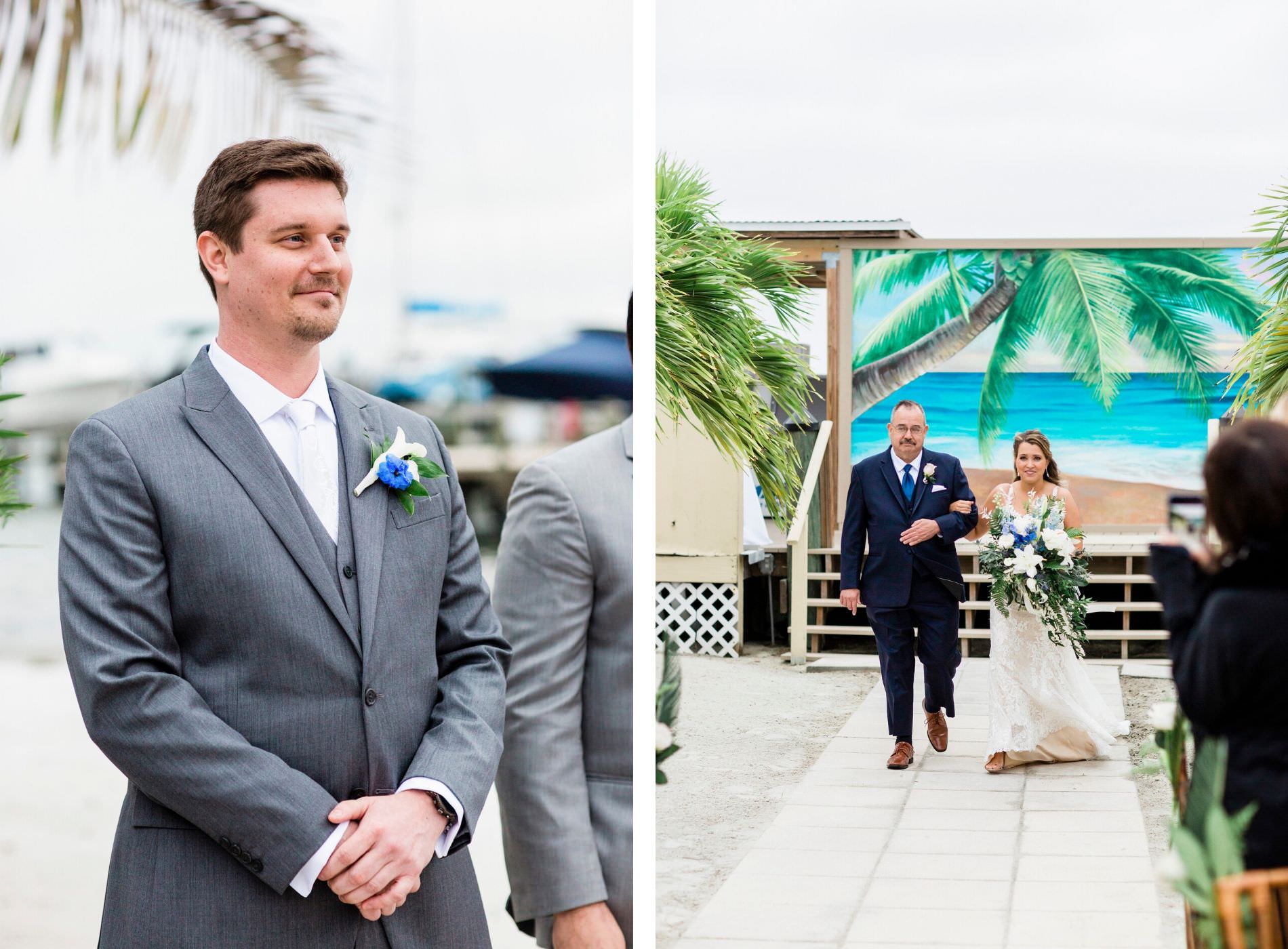Groom Seeing His Bride for the First Time | Bride Walking Down the Aisle with her Father | St. Pete Wedding Venue Isla Del Sol | Groom Charcoal Grey Suit