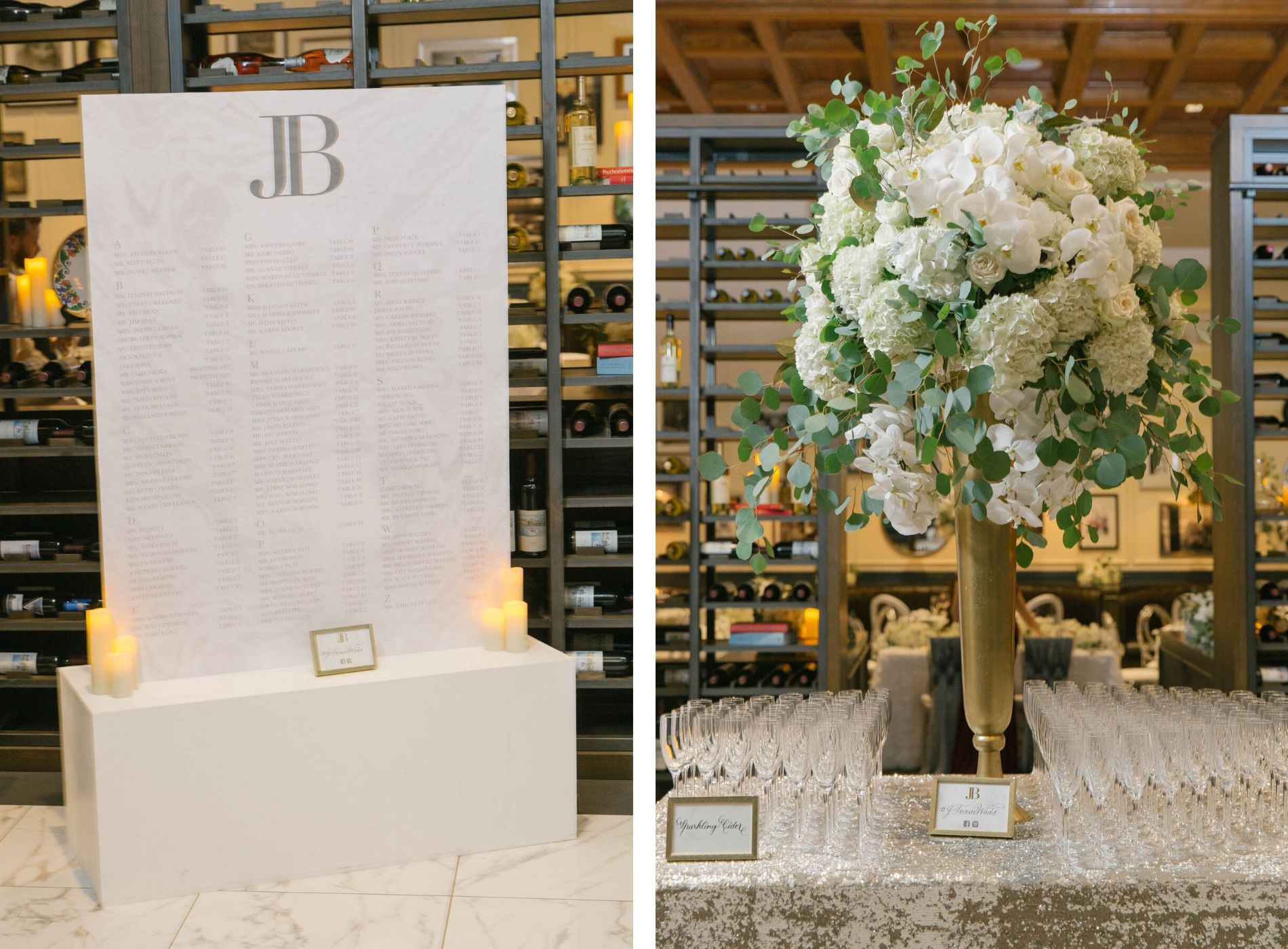 Elegant Classic Wedding Reception Decor, Large White Custom Seating Chart on Pedestal, Tall Gold Vase with White Orchids, Hydrangeas and Eucalyptus Floral Arrangement on Champagne Glass Welcome Table | Tampa Wedding Planner Parties A'la Carte | Wedding Rentals Over the Top Rental Linens