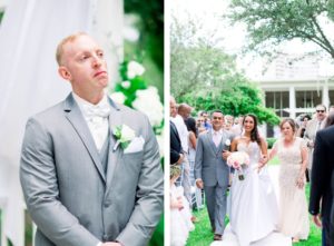 Groom in Gray Suit Reaction to Bride Walking Down the Aisle, Bride with Parents Processional Wedding Portrait | Wedding Venue Tampa Garden Club | Wedding Photographer Shauna and Jordon Photography | Wedding Dress Truly Forever Bridal