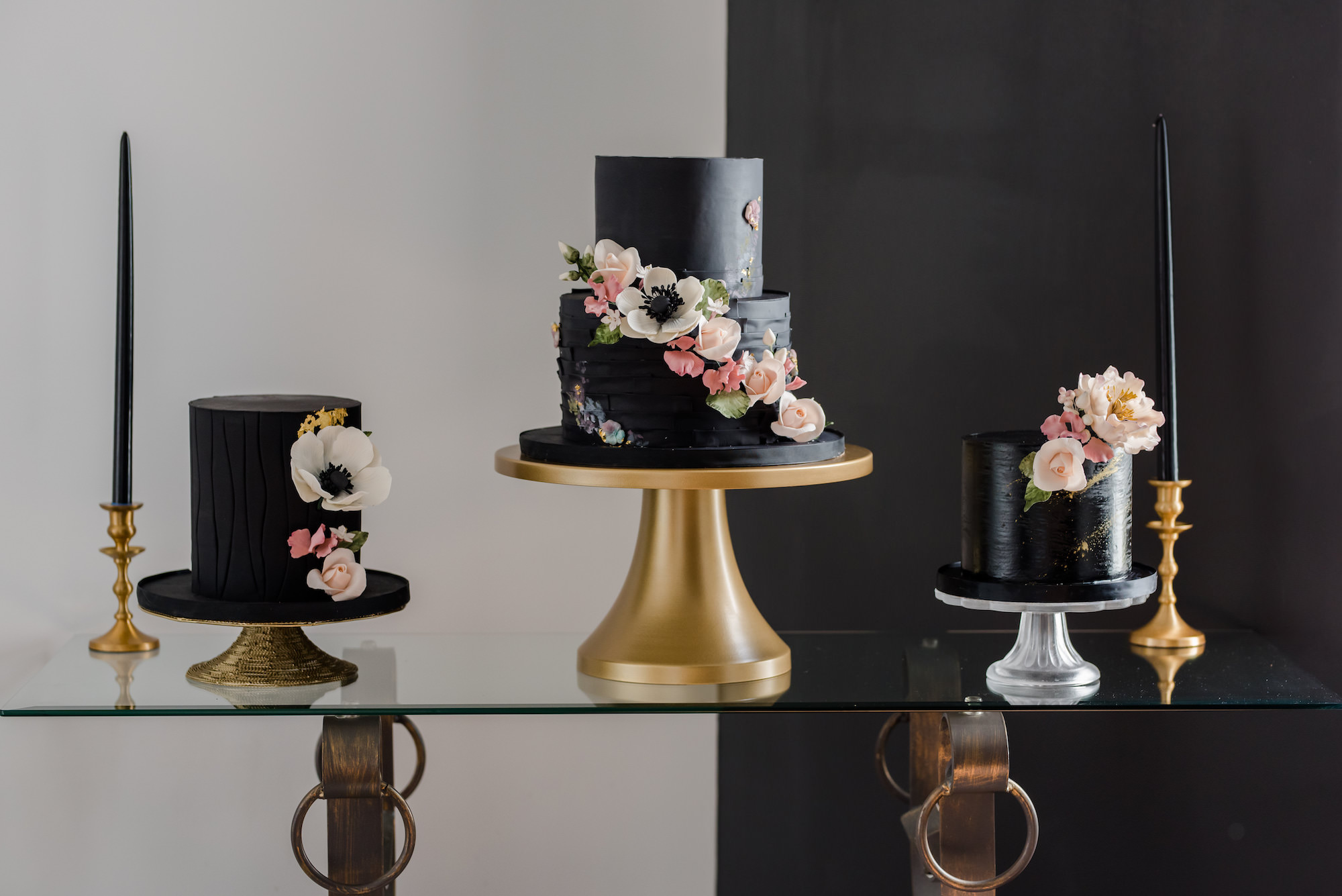 Dark Luxe, Unique Three Separate Black Wedding Cakes with Cascading Blush Pink and Anemone Flowers | Tampa Wedding Cake Company Tampa Bay Cake Company | Wedding Planner Elegant Affairs by Design
