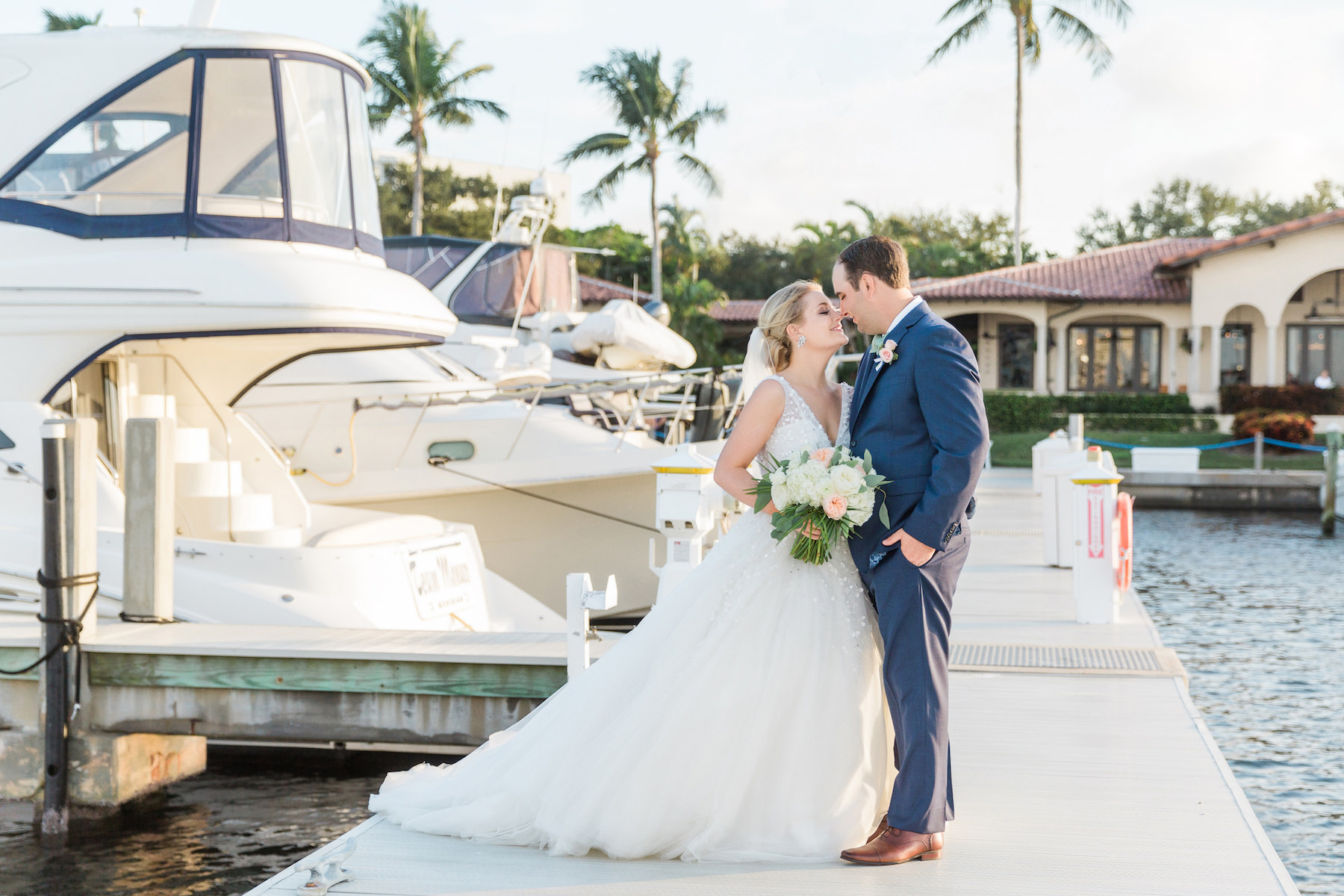 Destination Florida Bride and Groom Waterfront Marina Wedding Portrait with Yacht | Sarasota Wedding Venue The Resort at Longboat Key Club