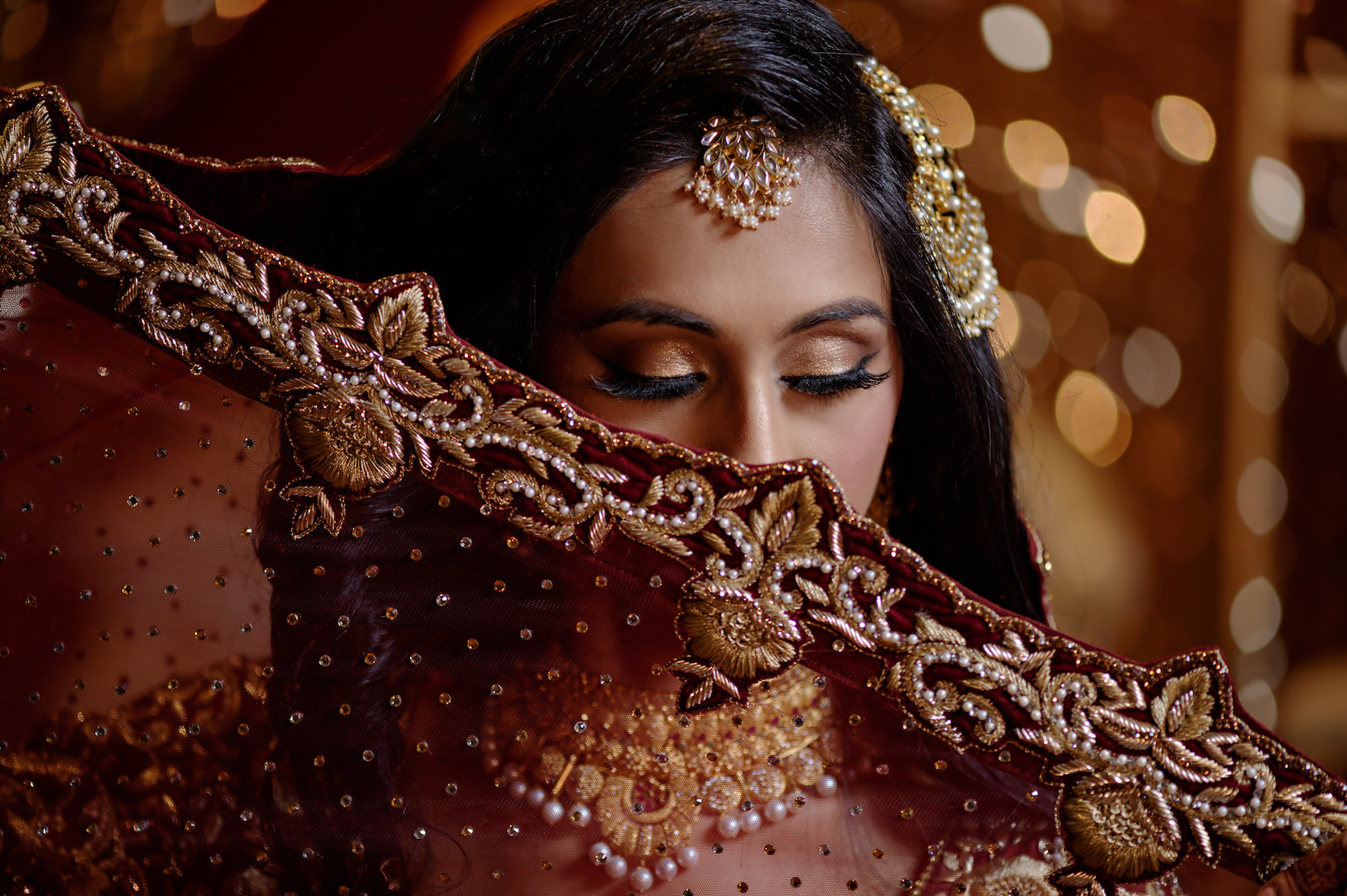 Elegant Florida Indian Wedding Bridal Portrait | Deep Red Burgundy and Gold Sequin and Pearl Embellished Wedding Bridal Sari and Veil | Tampa Bay Wedding Hair and Makeup Artist Michele Renee the Studio