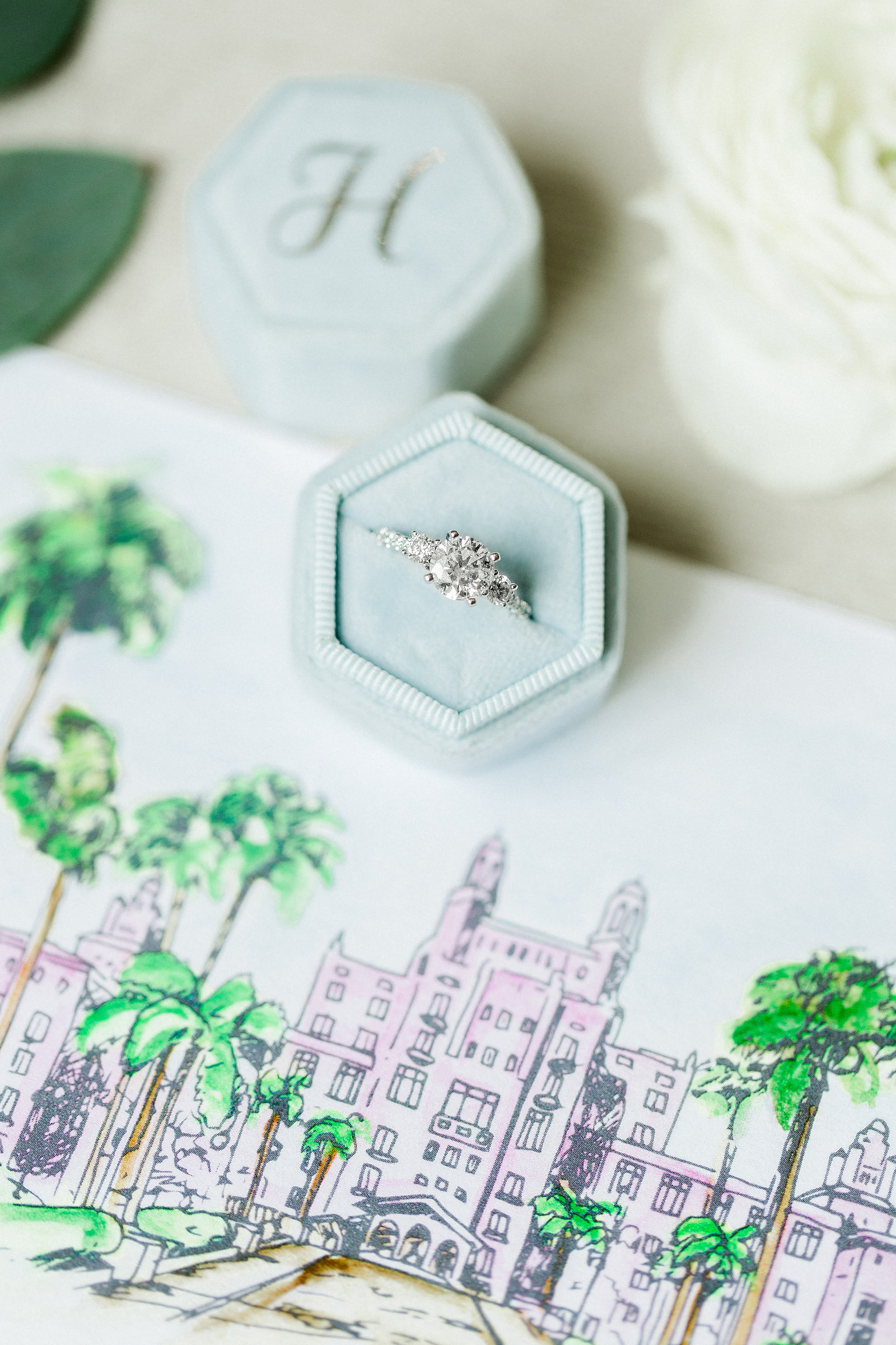 Solitaire Diamond Wedding Engagement Ring | Watercolor Venue Wedding Invitation Suite | Unique Wedding Stationery Set | Tampa Bay Custom Wedding Invitation Designer A & P Design Co