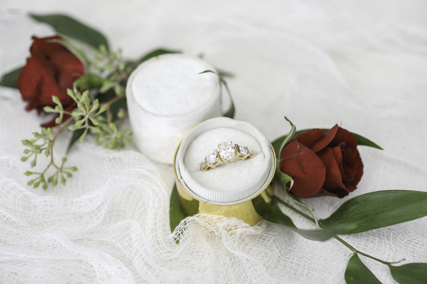 Round Three Diamond Engagement Yellow Gold Ring | Wedding Photographer Lifelong Photography Studio | Tampa Wedding Planner Blue Skies Weddings and Events