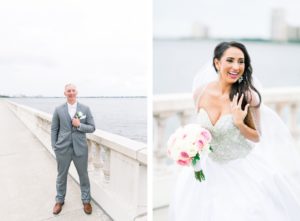 Groom in Gray Suit with White Rose Boutonniere, Bride in Sweetheart Strapless Rhinestone Bodice Ballgown Wedding Dress Holding Pink and White Roses Floral Bouquet Portrait on Bayshore Boulevard | Tampa Wedding Photographer Shauna and Jordon Photography | Wedding Dress Truly Forever Bridal