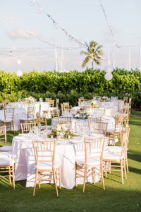 Elegant Outdoor Florida Lawn Wedding Reception with Hanging White Lanterns, White Linens and Gold Chiavari Chairs | Sarasota Wedding Venue The Resort at Longboat Key Club