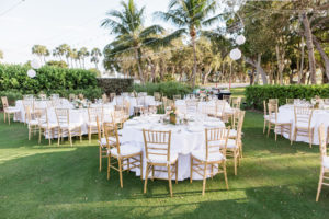 Elegant Outdoor Florida Lawn Wedding Reception with Hanging White Lanterns, White Linens and Gold Chiavari Chairs | Sarasota Wedding Venue The Resort at Longboat Key Club