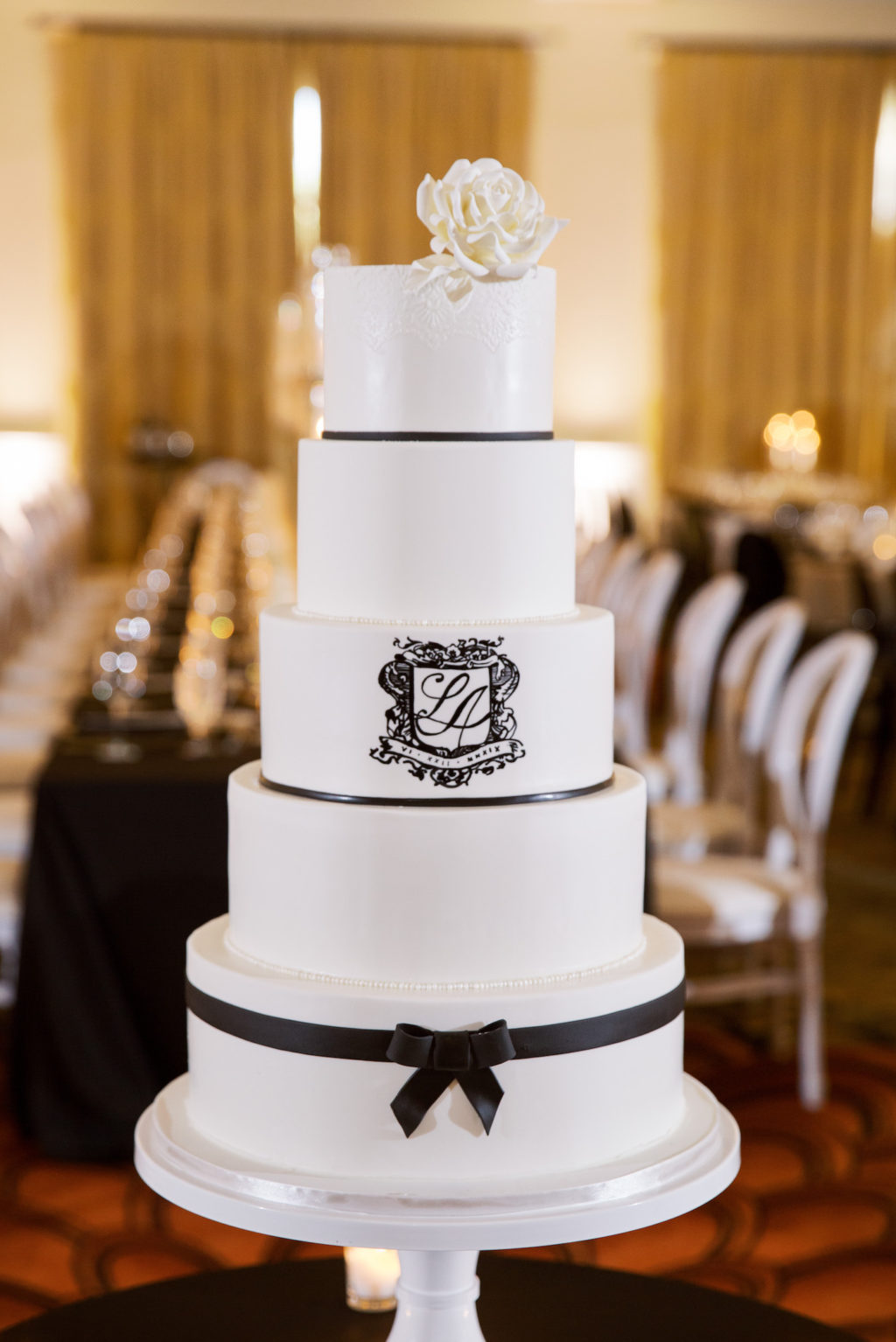 Classic Timeless Elegant White Five Tier Wedding Cake with Black Ribbon and Custom Monogram, White Rose Cake Topper | Tampa Bay Wedding Planner Parties A'la Carte
