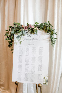 Romantic, Spring Time Inspired Wedding Decor and Seating Chart, Lush Greenery with Mauve, Purple, Pink and White Roses Floral Arrangement | Tampa Bay Wedding Planner Blue Skies Weddings and Events | Florida Wedding Photographer Lifelong Photography Studio