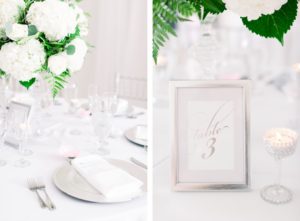 Garden Glam Classic Wedding Reception Decor, White Hydrangeas and Roses with Greenery Floral Centerpiece, Silver Fram Table Number, Silver Chargers | Wedding Photographer Shauna and Jordon Photography