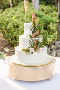 Round Three Tier White Wedding Cake with Tropical Embellishment Decor
