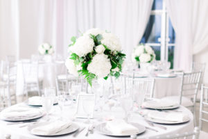 Classic Garden Glam Wedding Reception Decor, Silver Chargers, White Hydrangeas and Roses with Greenery Floral Centerpiece, Silver Chiavari Chairs | Wedding Venue Tampa Garden Club | Wedding Photographer Shauna and Jordon Photography