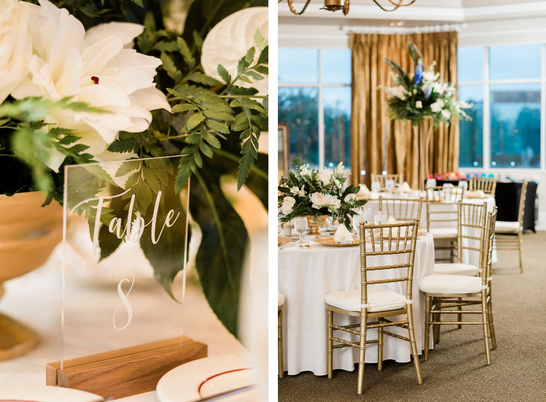 St. Pete Wedding Venue Isla Del Sol | Indoor Ballroom Reception with Gold Chiavari Chairs, Clear Acrylic Calligraphy Table Numbers and Tropical Greenery Centerpieces