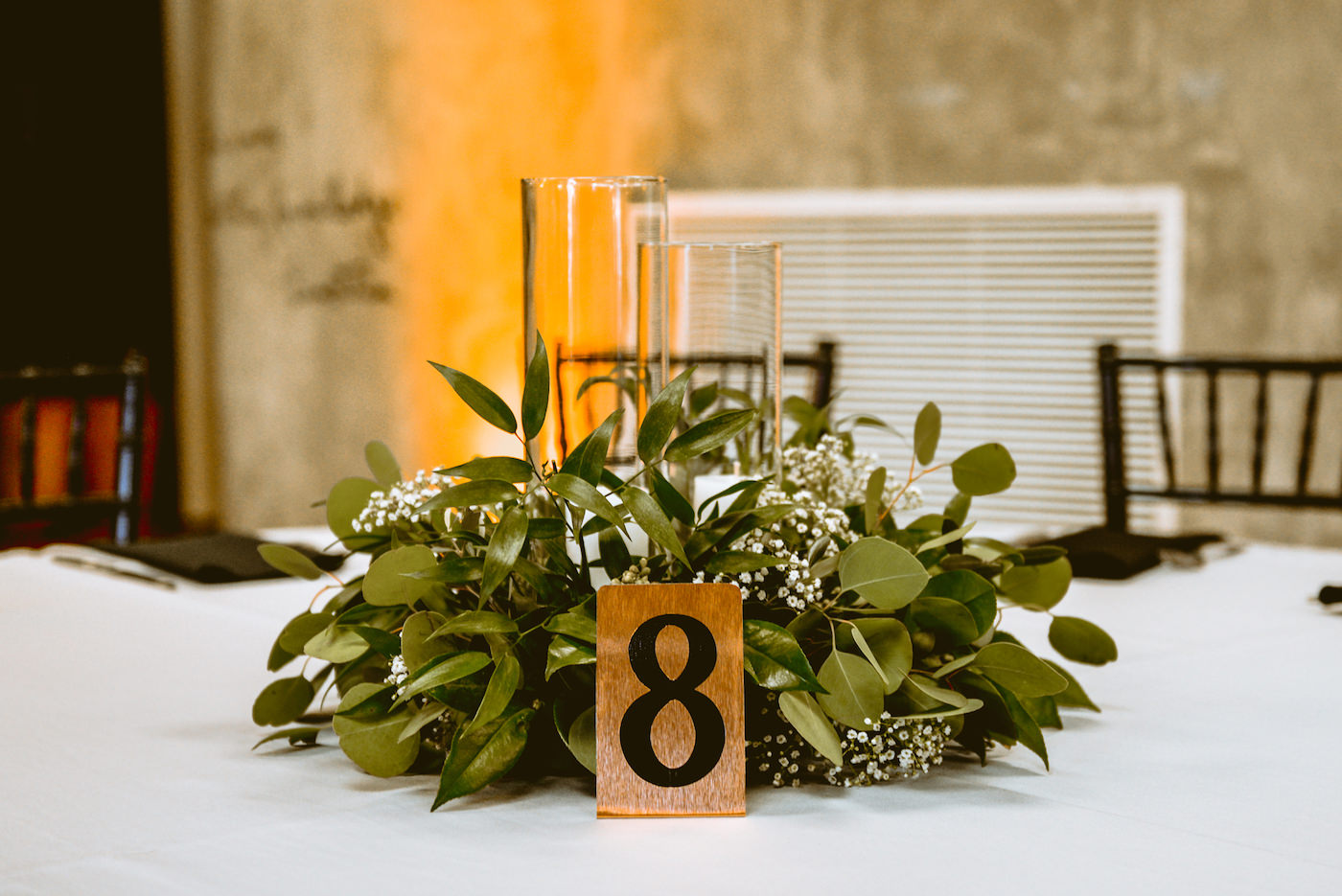 Wedding Natural Simple Centerpiece with Eucalyptus Greenery and Baby's Breath and Glass Pillar Candle | Rustic Wood Table Number