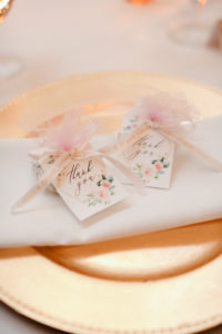 Wedding Place Setting with Gold Charger and White Napkin | Wedding Favors with Watercolor Floral Tags | Blush Dusty Rose
