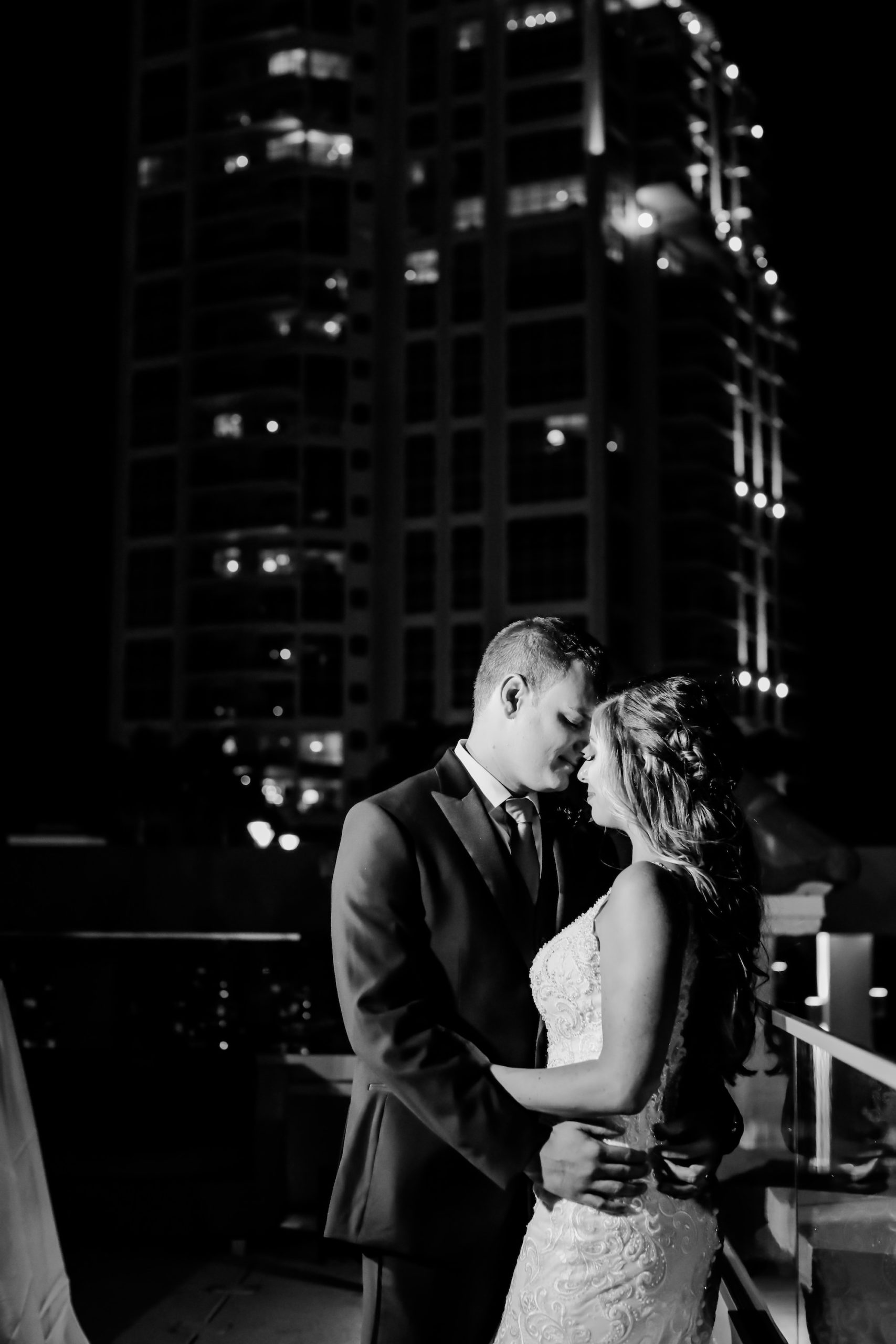 Florida Bride and Groom Black and White Wedding Portrait on Rooftop in Downtown St. Pete | Tampa Bay Boutique Hotel Wedding Venue The Birchwood | Florida Wedding Photographer Lifelong Photography Studio