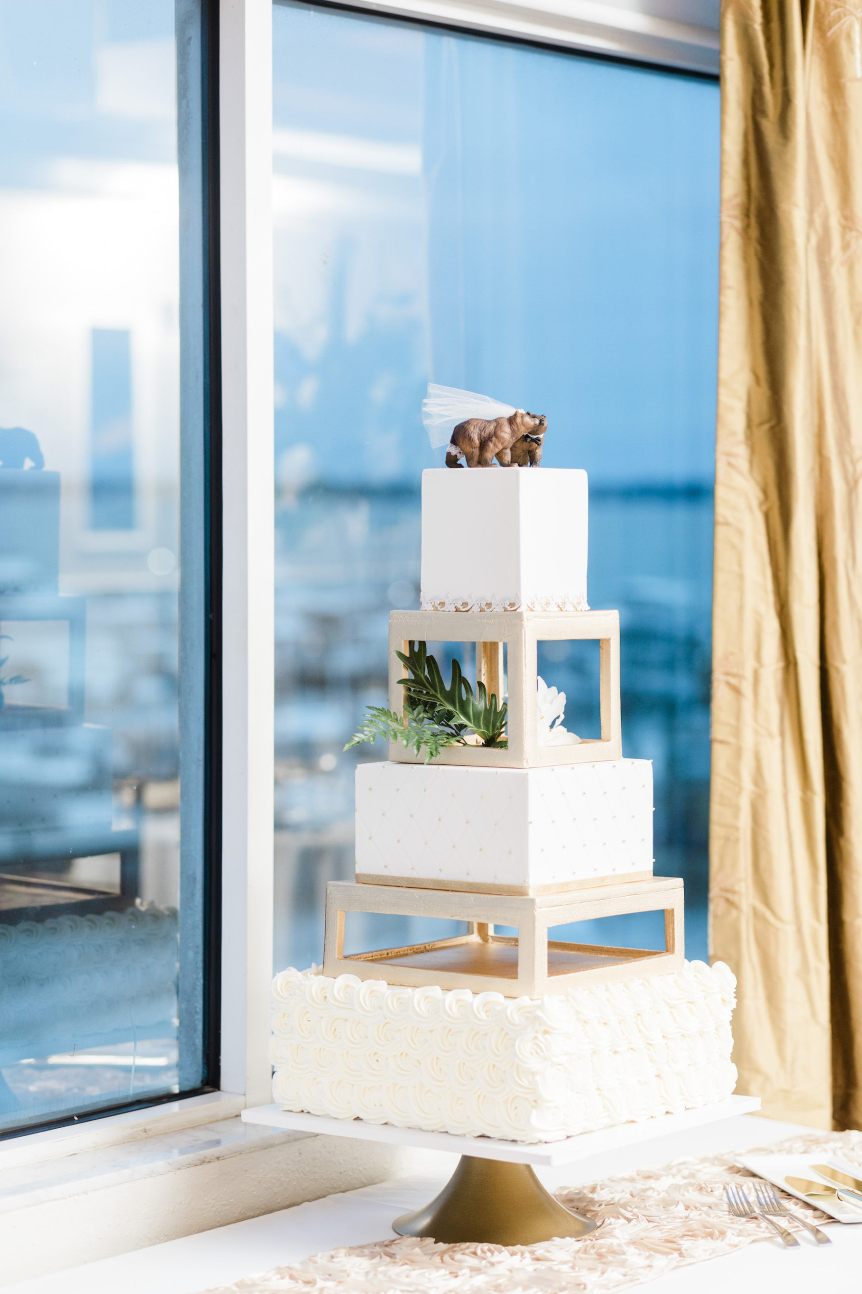 Modern Five Tier Square Wedding Cake with Gold Risers Stands and Bear Cake Topper | St. Pete Wedding Baker The Artistic Whisk