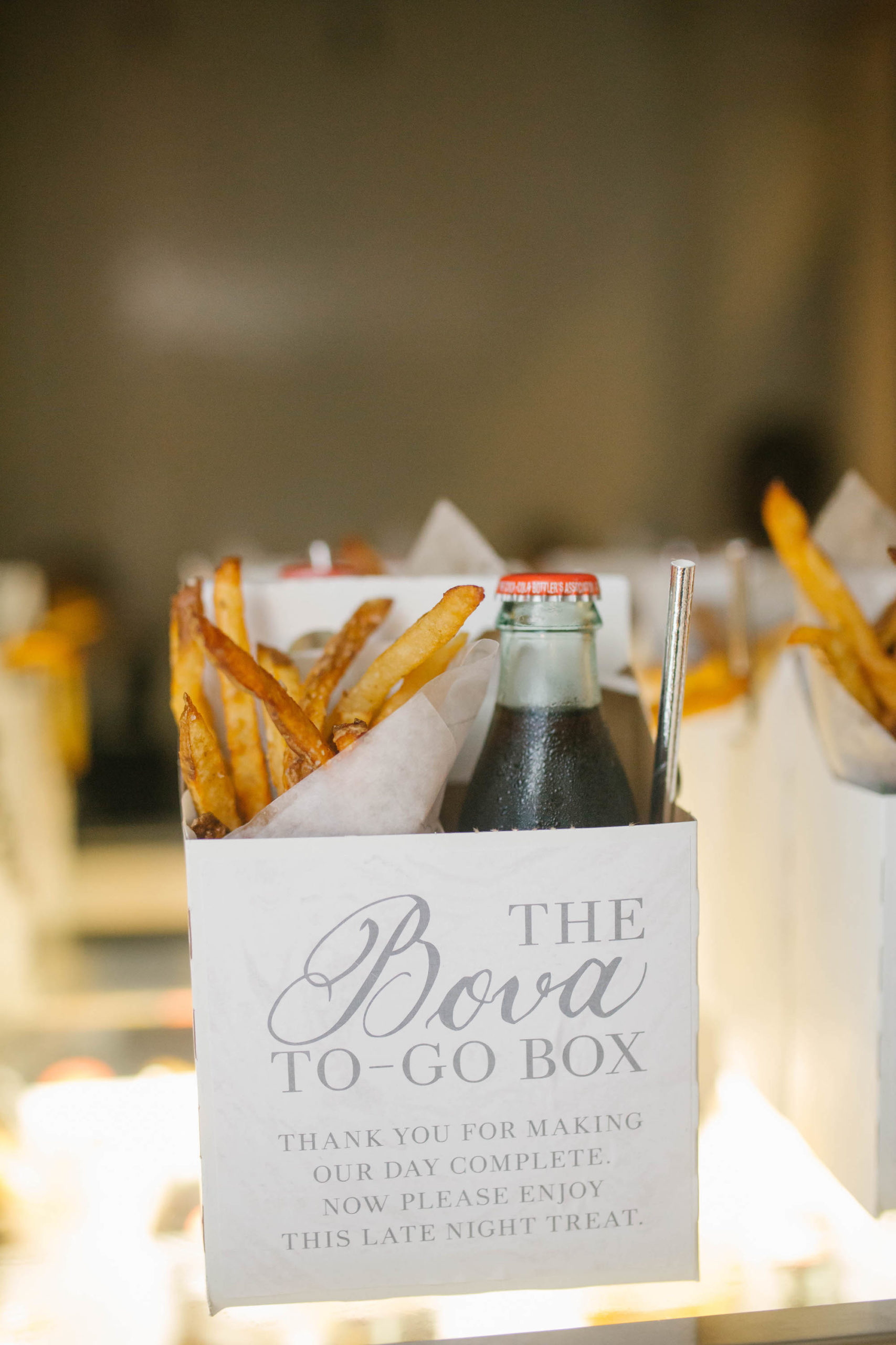 Fun Wedding Reception Favor, French Fries and Coca-Cola Bottle in Custom The Bova To-Go Box | Tampa Wedding Planner Parties A'la Carte