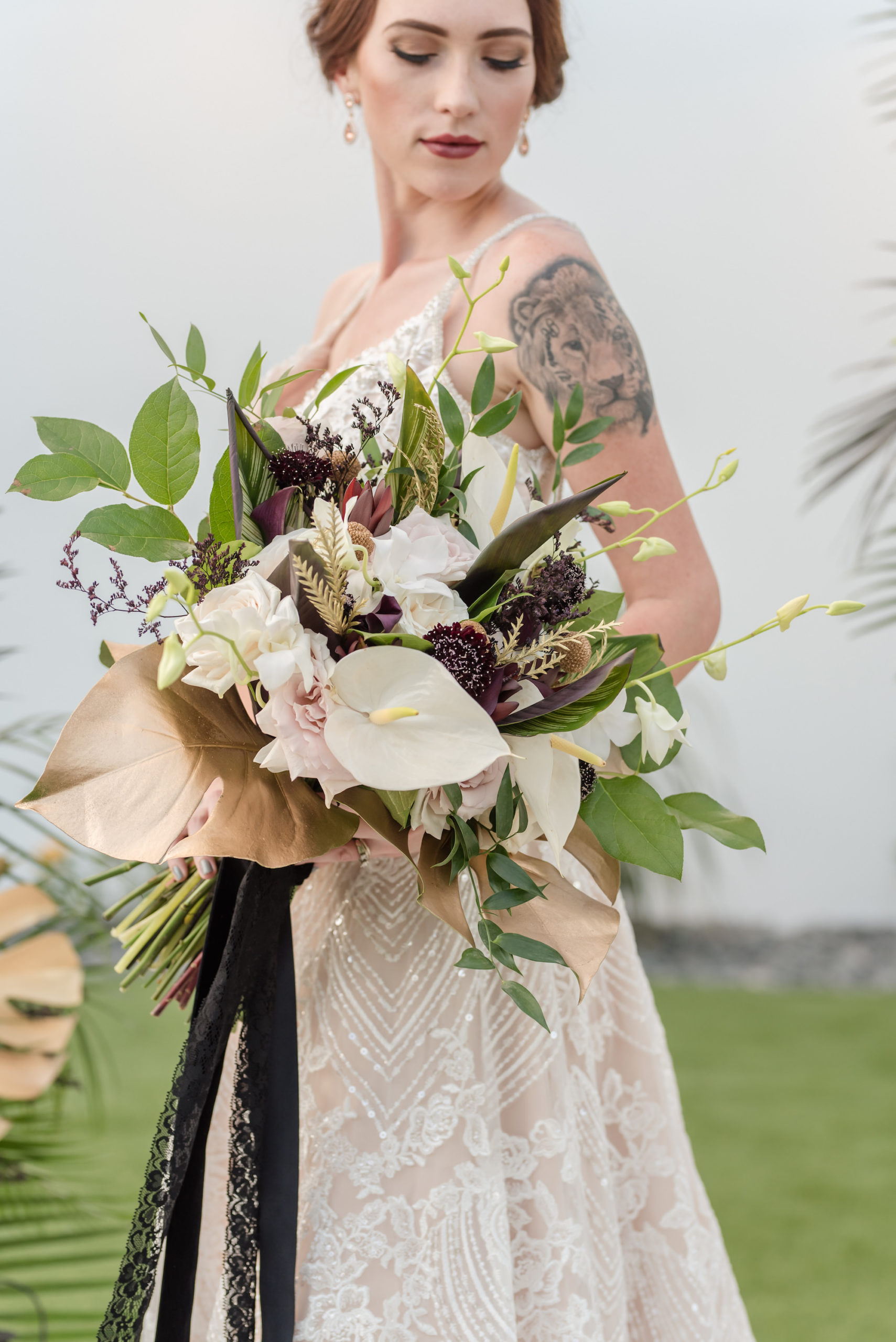Dark Luxe, Romantic Styled Wedding Shoot, Bride in Beaded Lace with Nude Lining Holding White Cala Lilly, Blush Pink Roses, Gold Palm Leaves, Greenery, and Purple Flowers Bouquet | Tampa Bay Wedding Planner Elegant Affairs by Design