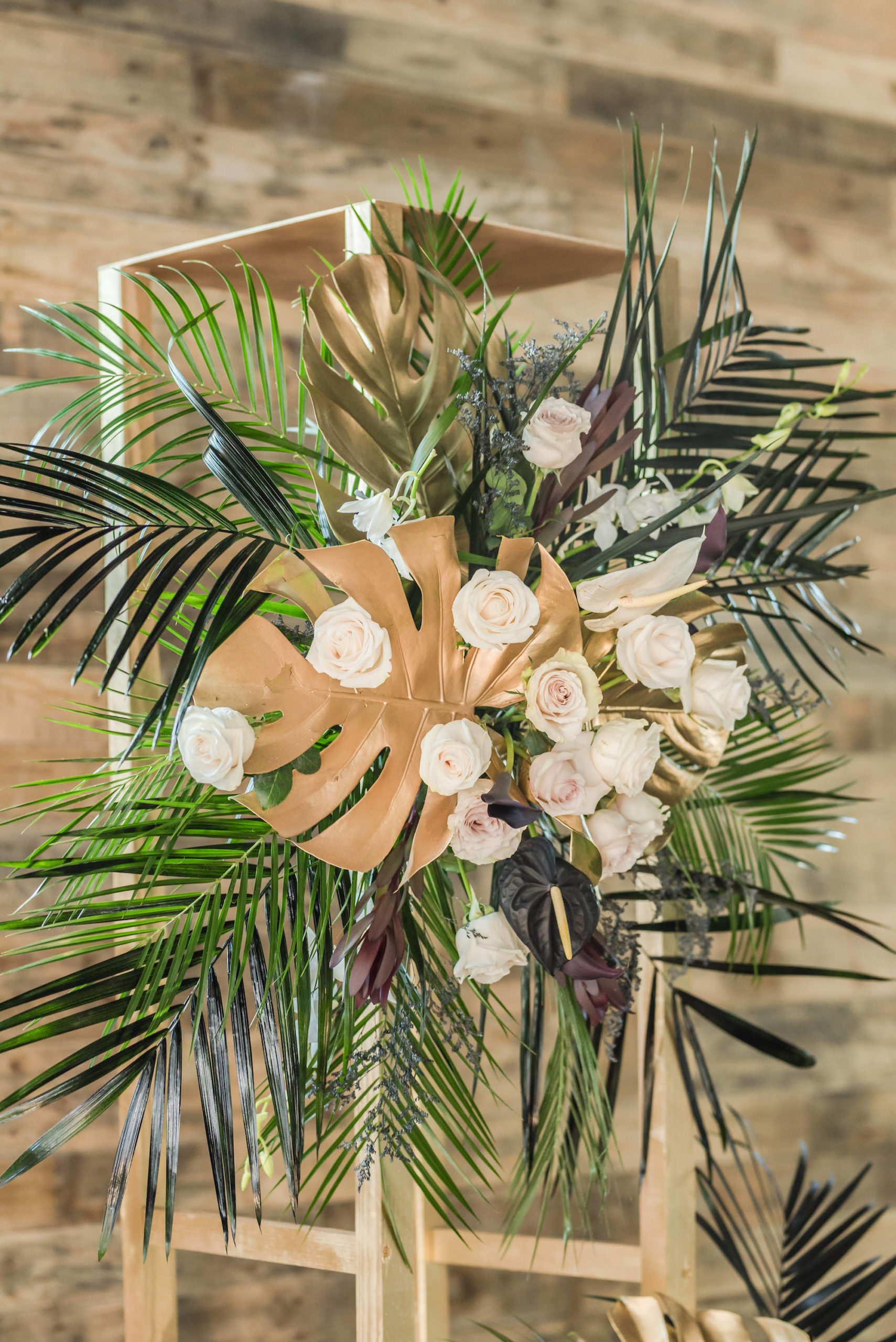 Dark Luxe, Romantic Wedding Styled Shoot, Tall Gold Geometric Stand with White and Blush Pink Roses, Palm Fronds and Gold Monstera Leaves, Gold Lantern | Tampa Bay Wedding Planner Elegant Affairs by Design | Madeira Beach Wedding Venue The West Events Sapce