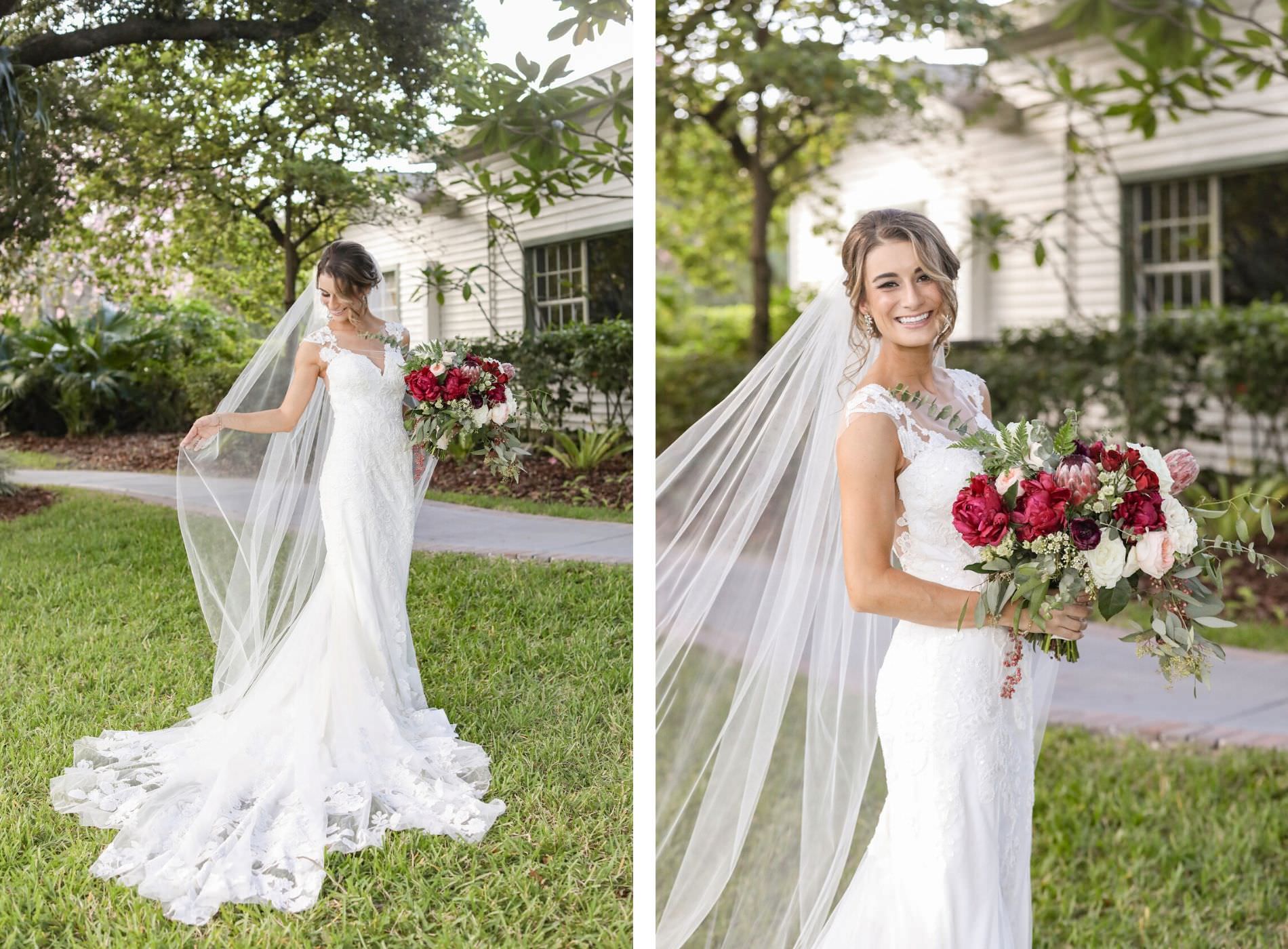 Tampa Bride in Lace and Illusion Neckline with Capsleeves Wedding Dress and Full Length Veil Holding Red, Blush Pink and Ivory Roses with Greenery Floral Bouquet | Wedding Photographer Lifelong Photography Studio | Wedding Planner Blue Skies Weddings and Events