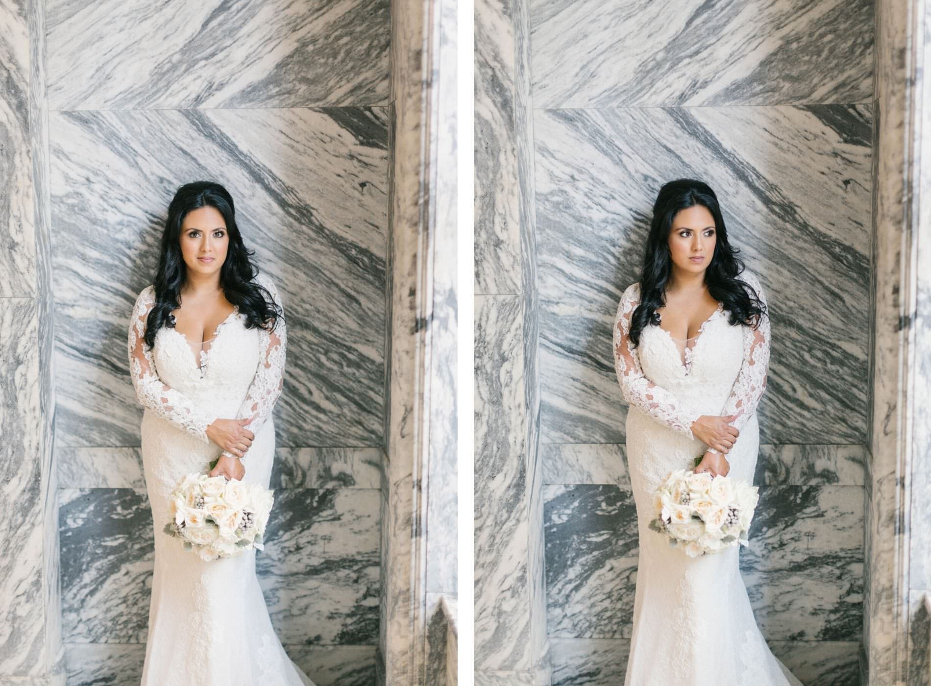 Tampa Bay Bride, Jessica Ralph of Parties A'la Carte in Lace and Illusion Fitted Rounded V Neckline Wedding Dress Holding White Roses Floral Bouquet | Historic Courthouse Wedding Venue Le Meridien
