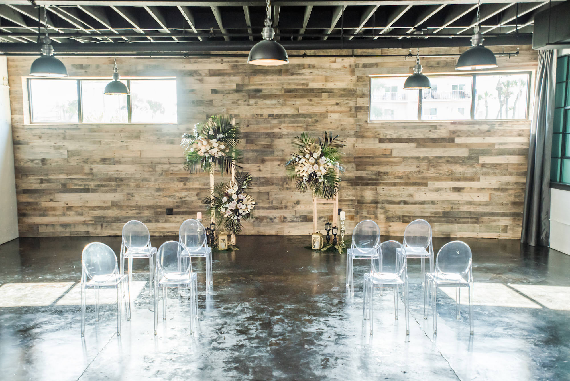 Dark Luxe, Romantic Wedding Styled Shoot Decor, Tall Gold Geometric Stands with Palm Fronds, Gold Monstera Leaves, Blush Pink Roses Floral Arrangements, Ghost Acrylic Chairs | Tampa Bay Wedding Planner Elegant Affairs by Design | Madeira Beach Wedding Venue The West Events Space