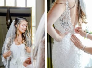 Elegant Bride Getting Ready Detail Shot, Tampa Bay Bride in Back of Lace of Allure Gown with Sheer Detailing Wedding Dress | Downtown St. Pete Wedding Hair and Make Up Artists Michele Renee The Studio | Tampa Bay Wedding Photographer Lifelong Photography Studio