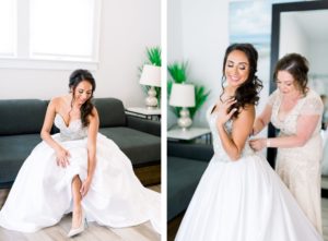 Florida Bride Getting Ready with Mom in Strapless Sweetheart Rhinestone Bodice and Ballgown Skirt Wedding Dress | Tampa Bay Wedding Photographer Shauna and Jordon Photography | Wedding Dress Truly Forever Bridal