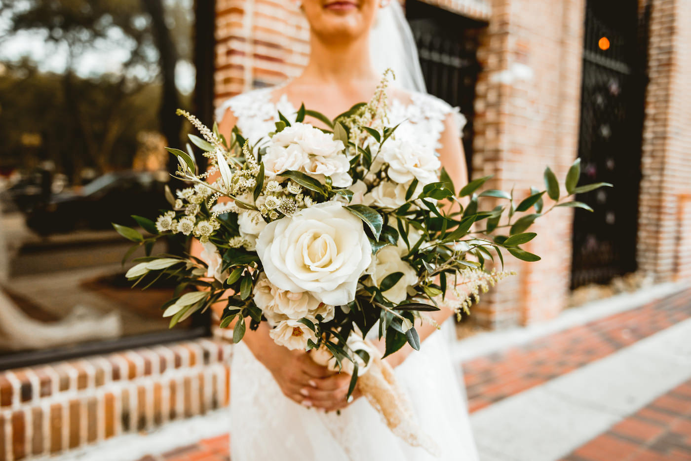 Natural Neutral Wedding Bridal Bouquet with White Roses and Ivory Spray Tea Roses and Astilbe Accented with Olive Leaf Greenery