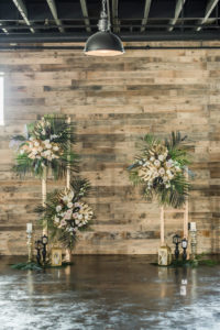 Dark Luxe, Romantic Wedding Styled Shoot, Tall Gold Geometric Stand with White and Blush Pink Roses, Palm Fronds and Gold Monstera Leaves, Gold Lantern | Tampa Bay Wedding Planner Elegant Affairs by Design | Madeira Beach Wedding Venue The West Events Sapce