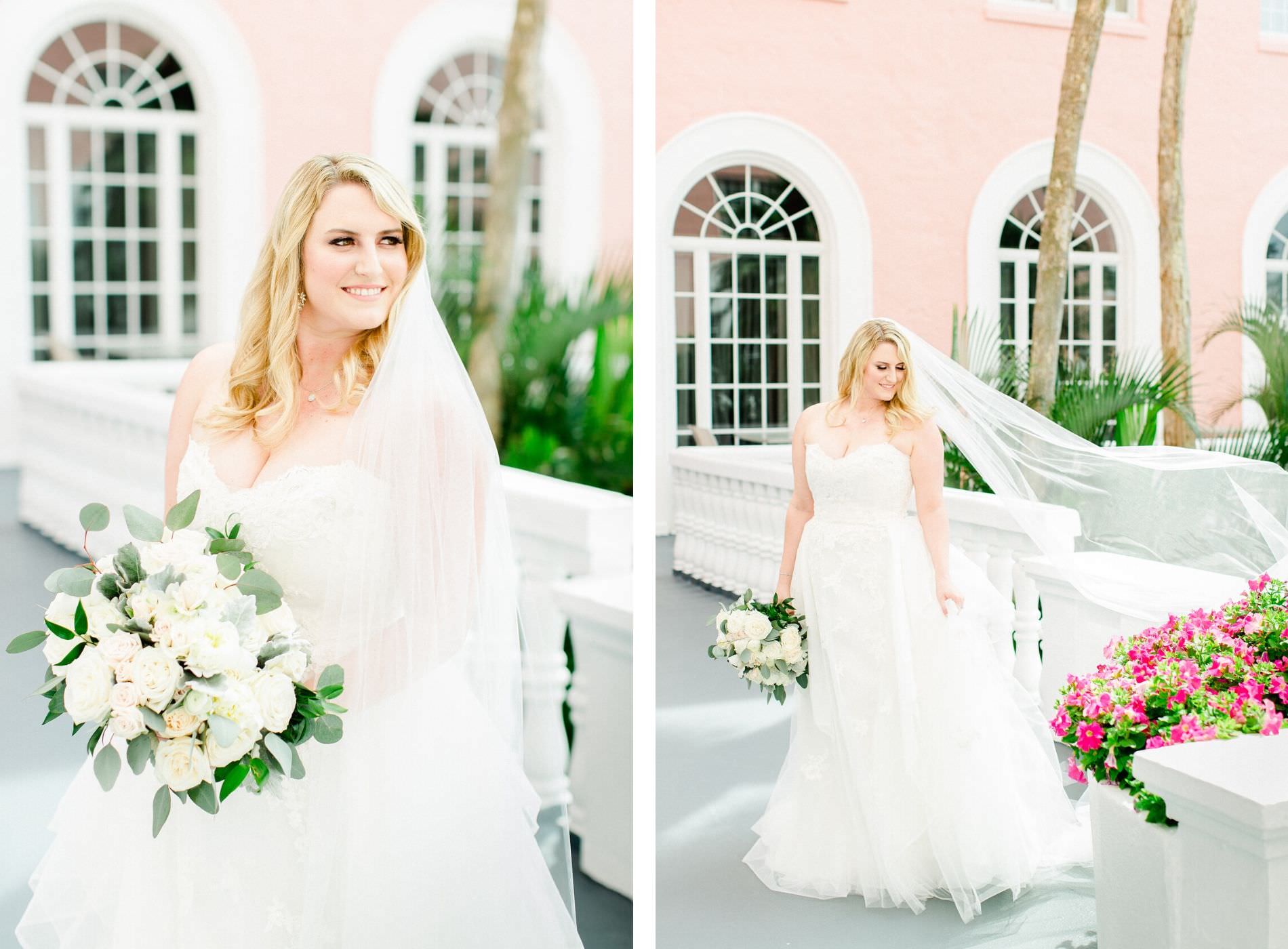 Ivory Bridal Gown Strapless Lace Sweetheart Tulle Organza Tiered Ballgown Wedding Dress | Long Cathedral Veil | St Pete Beach Wedding Venue The Don Cesar | Classic Greenery White Flowers Bouquets | Isabel O'Neil Bridal Collection | Bella Bridesmaids