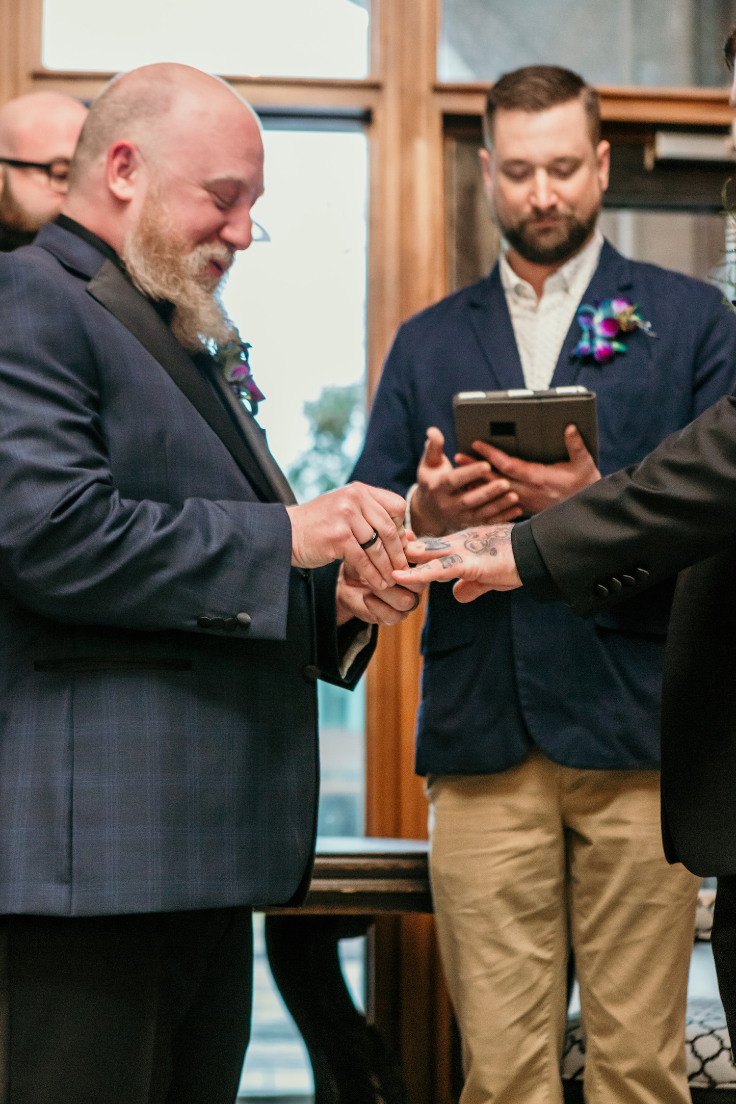 Same Sex Gay Tampa Grooms Exchanging Wedding Rings Ceremony Portrait