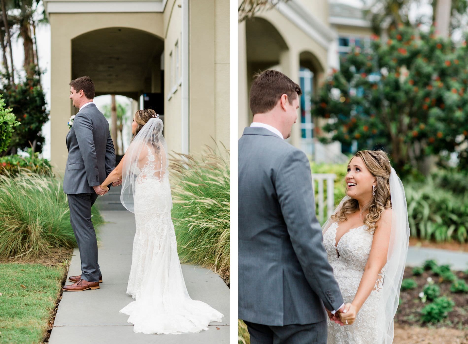 Bride and Groom First Look | St. Pete Wedding Venue Isla Del Sol | Lace Wedding Gown with Grey Groom Suit