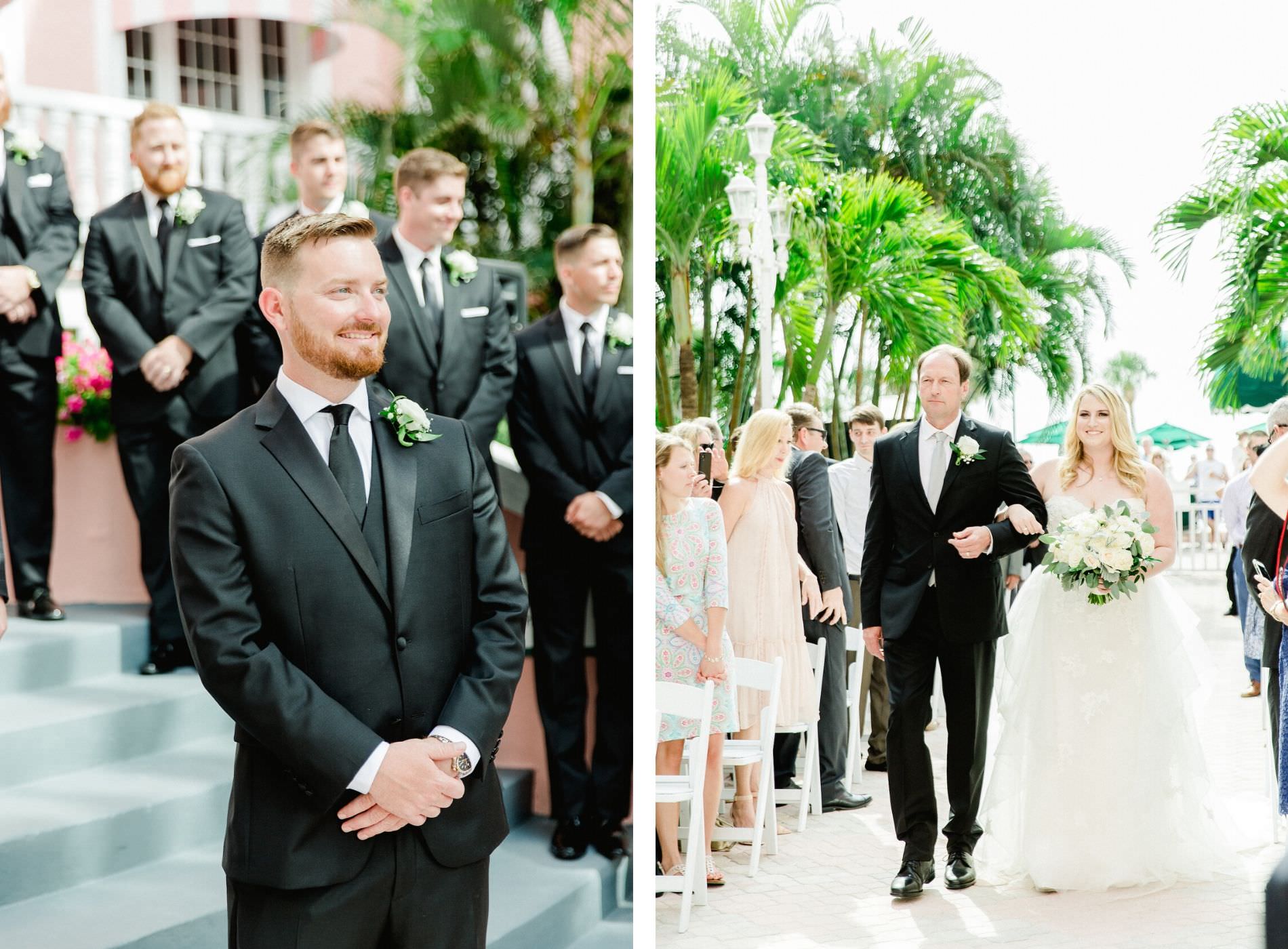 St. Pete Beach Wedding Venue The Don Cesar | Staircase Wedding Ceremony | Bride Walking Down the Aisle with Her Father | Groom and Groomsmen Wearing Classic Black Suit Tux