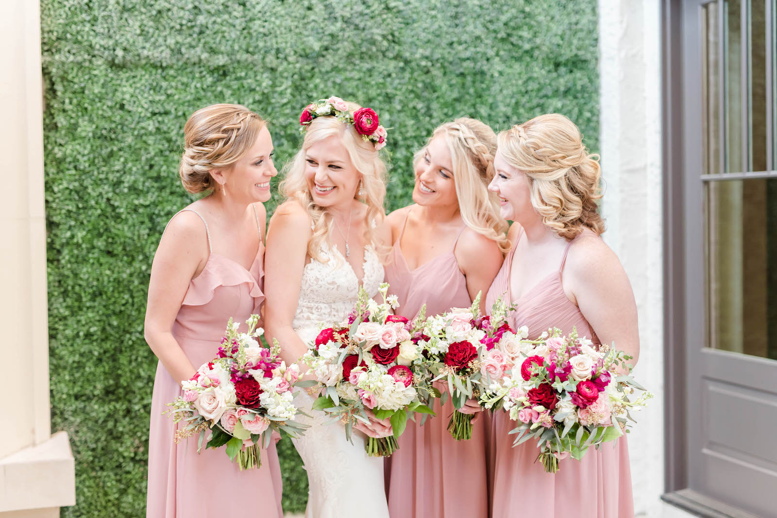Bride and Bridesmaids Portraits | Blush Pink Dusty Rose Mismatched Chiffon Bridesmaid Dresses | Stella York Lace Sheath Spaghetti Strap Empire Waist Wedding Dress Bridal Gown | Bride Wedding Bouquet and Halo Crown with Blush Pink Dusty and Burgundy Rose Garden Roses, Snapdragons, Stock, and Eucalyptus Greenery