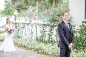 Downtown St. Pete Bride and Groom First Look Portrait, Groom in Mauve Tie | Florida Wedding Photographer Lifelong Photography Studio | Tampa Bay Wedding Venue The Birchwood