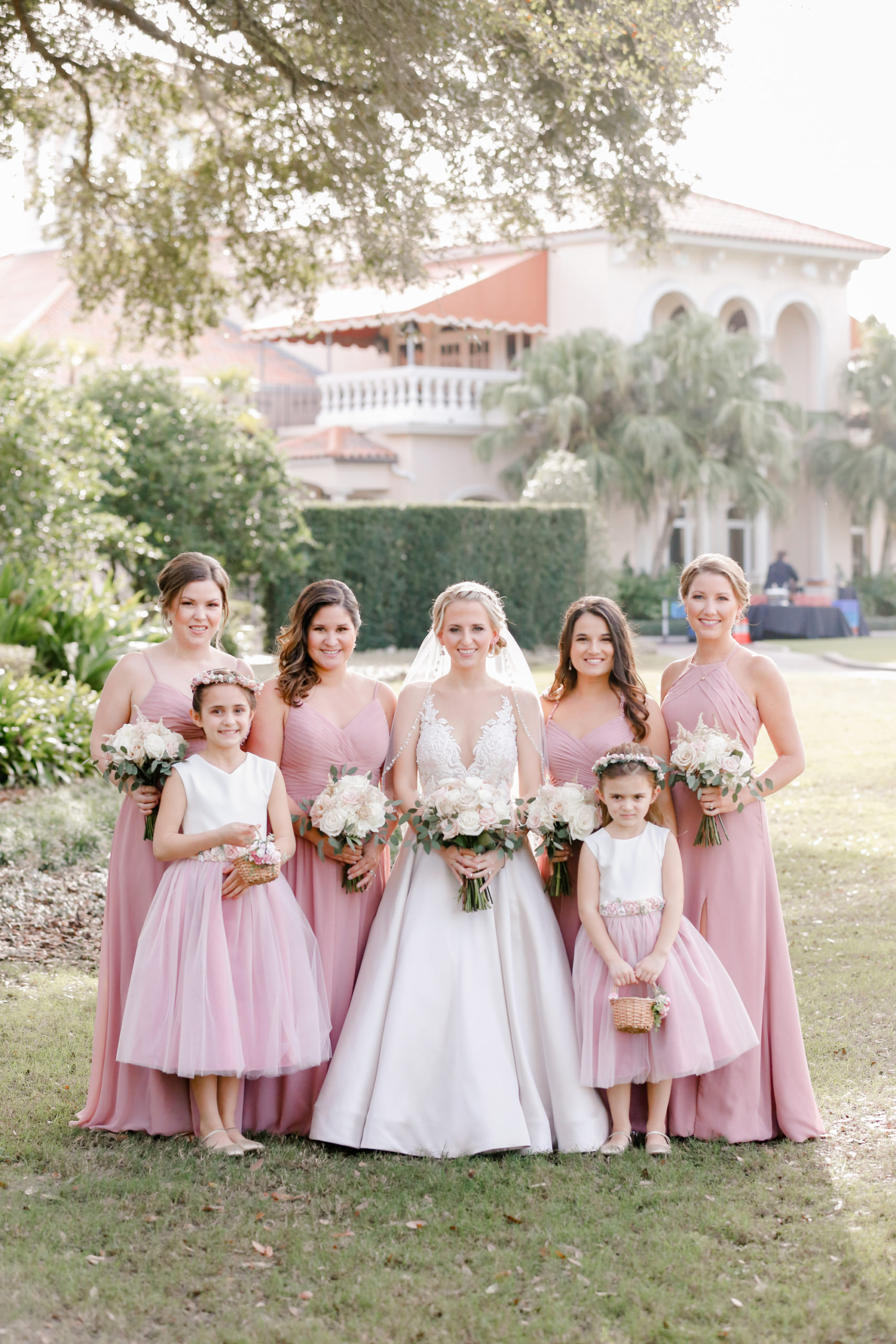 Ballgown Wedding Dress with Lace Illusion Neckline | Blush Pink Dusty Rose Mismatched Bridesmaid Dresses