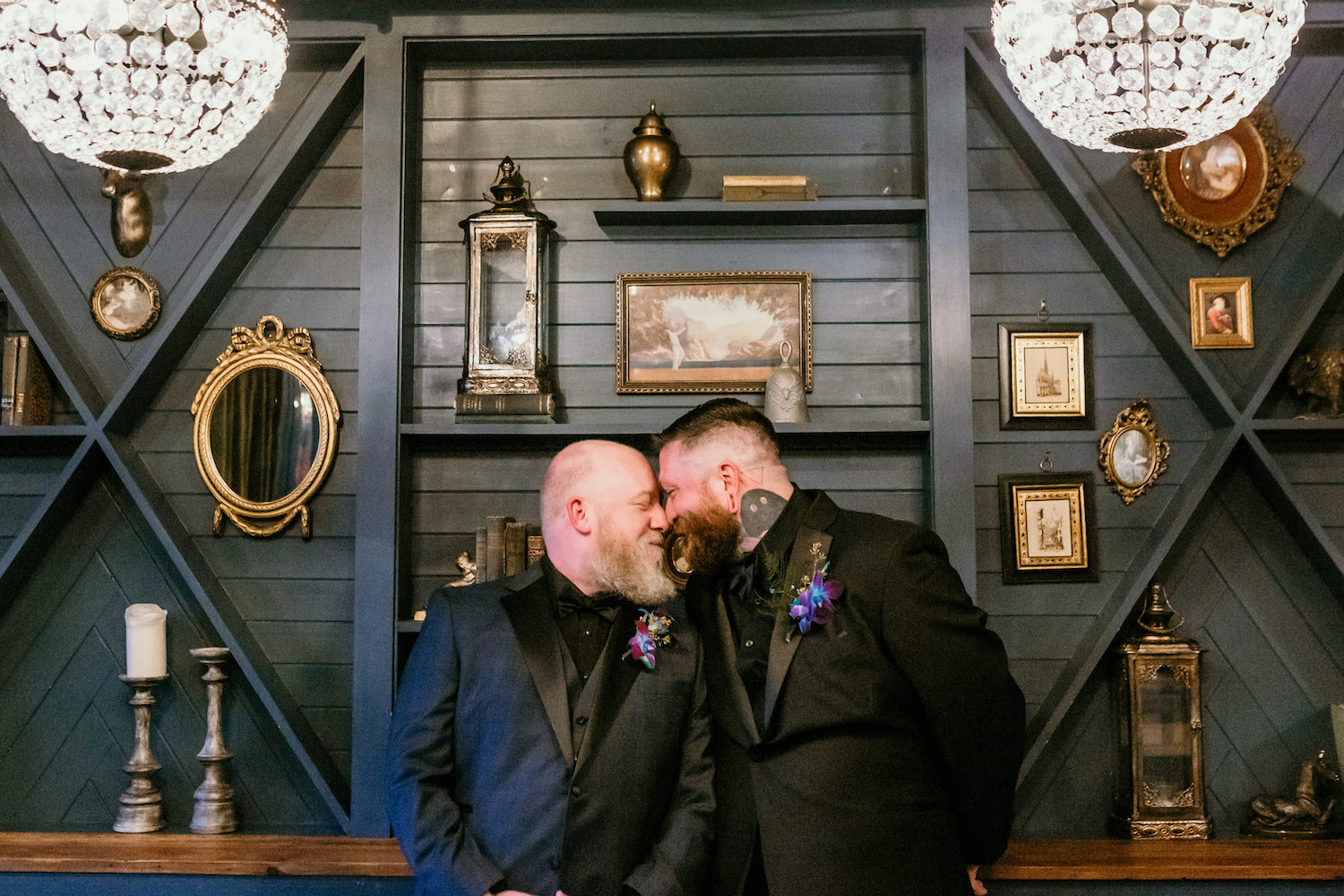 Intimate Same Sex Gay Tampa Grooms in Tuxedos Wedding Portrait | St. Pete Unique Wedding Venue Station House