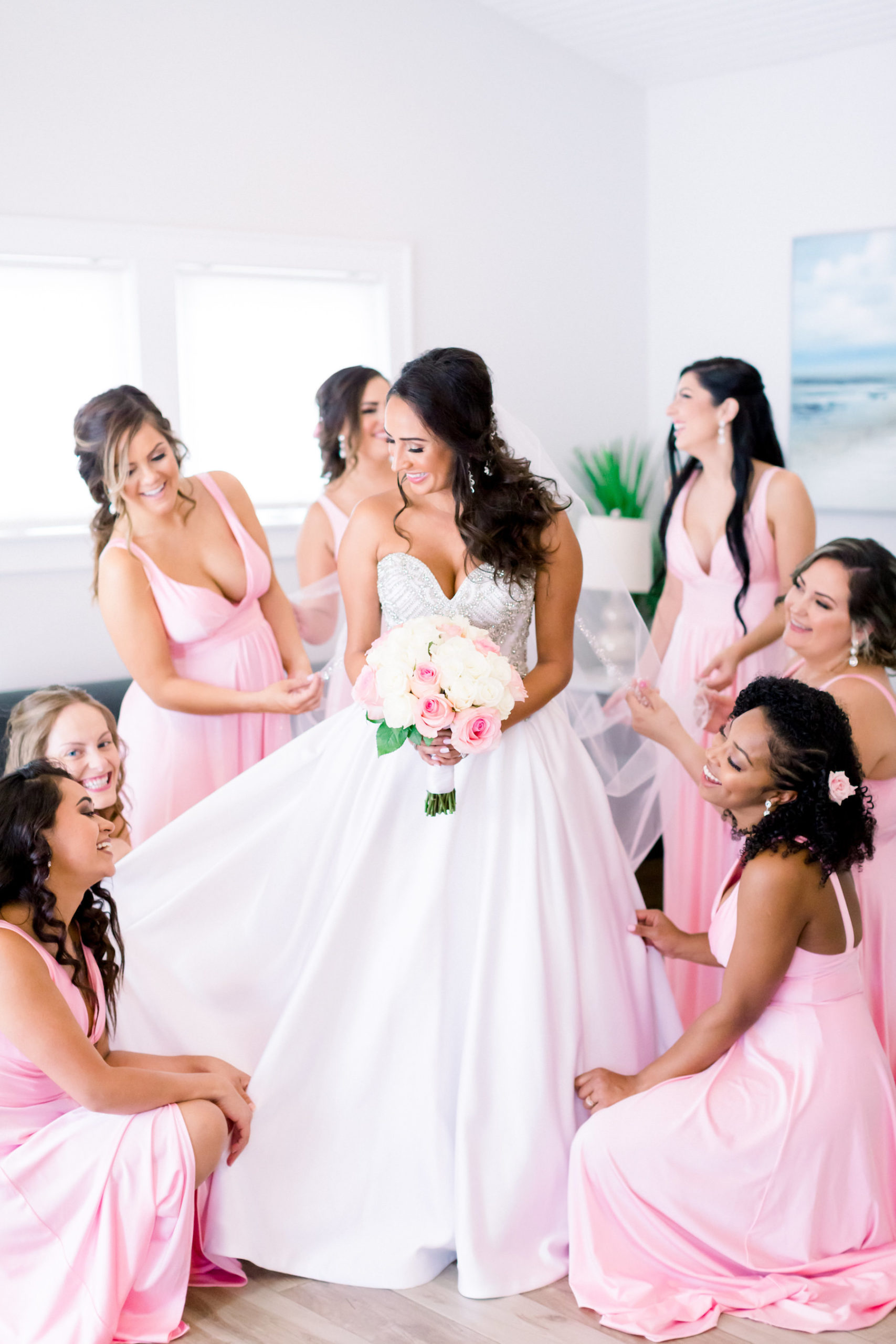 Florida Bride in Sweetheart and Strapless Rhinestone Bodice with Ballgown Skirt Wedding Dress Holding White and Pink Roses Floral Bouquet, Bridesmaids in Matching Pink Dresses Portrait | Tampa Wedding Photographer Shauna and Jordon Photography | Wedding Dress Truly Forever Bridal