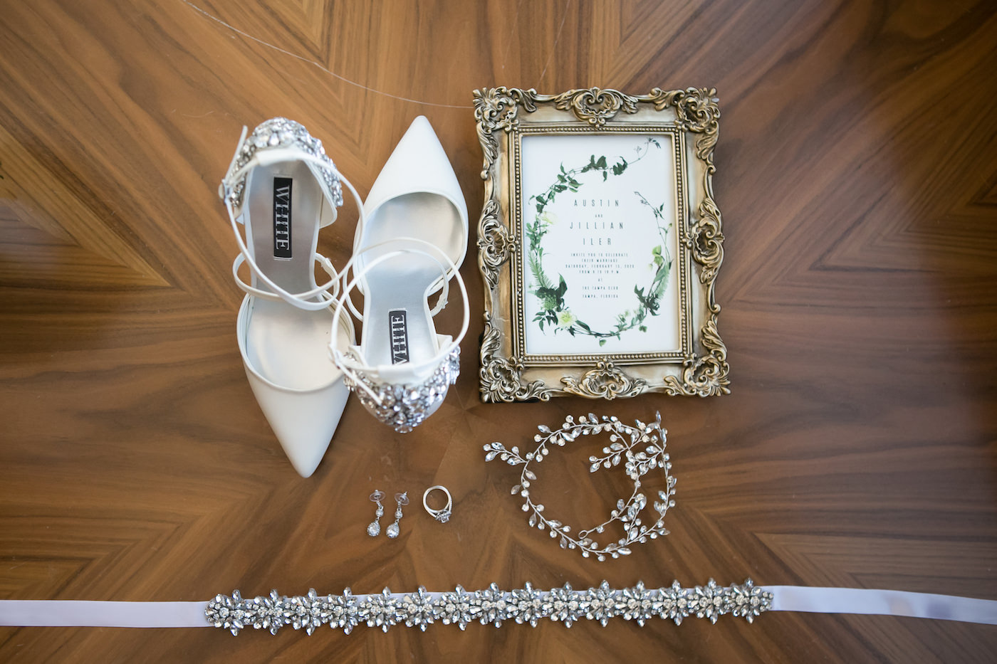 Elegant Wedding Accessories, White Pointed Toe Strappy and Rhinestone Heel Bridal Wedding Shoes, Rhinestone Garter, Bride's Jewelry and Romantic Hair Piece, Antique Gold Frame with Greenery Save the Date | Tampa Wedding Photographer Carrie Wildes Photography