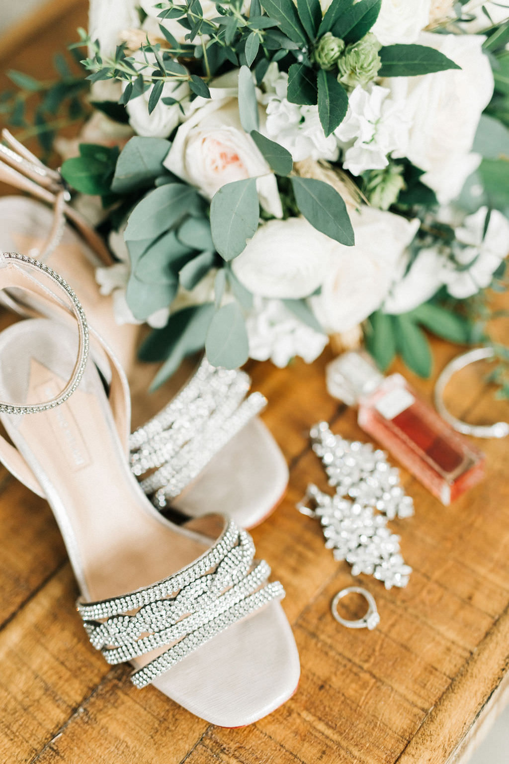 Florida Wedding Details, Rhinestone Embellished Open Toed High Heel Shoes, White Bridal Bouquet