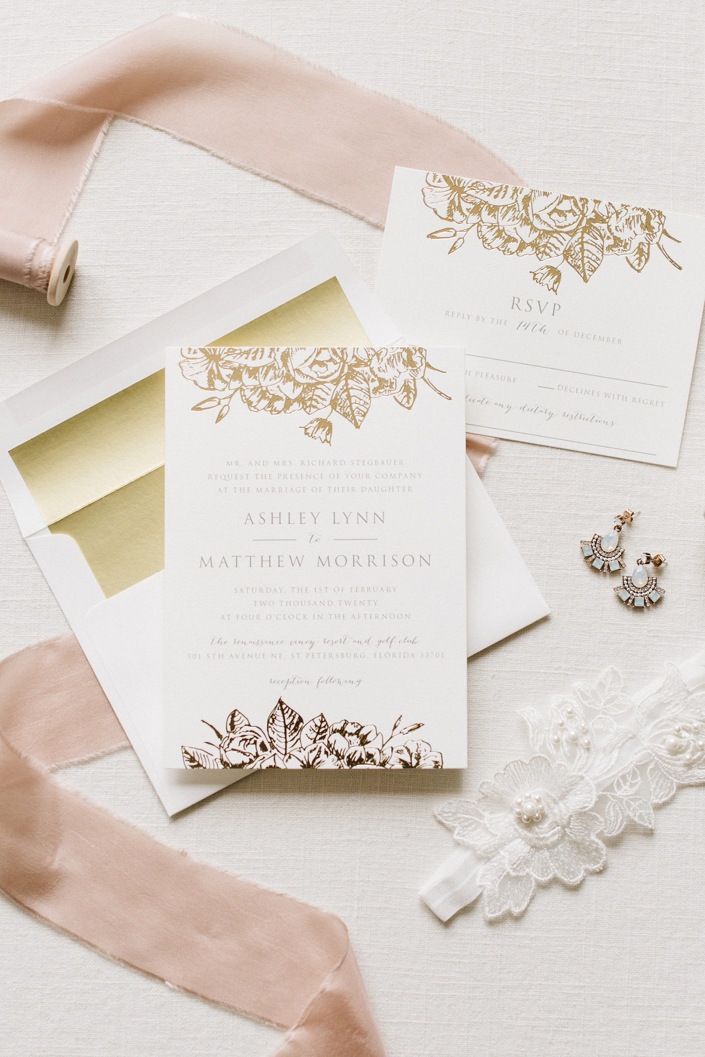 Elegant Florida Wedding Invitation Suite, Ivory, White and Gold Stationary with Rose Gold Foil Floral Detailing, Blue Boho Chic Earrings, White Lace Garter | Tampa Bay Luxury Wedding Planner Parties A’ La Carte