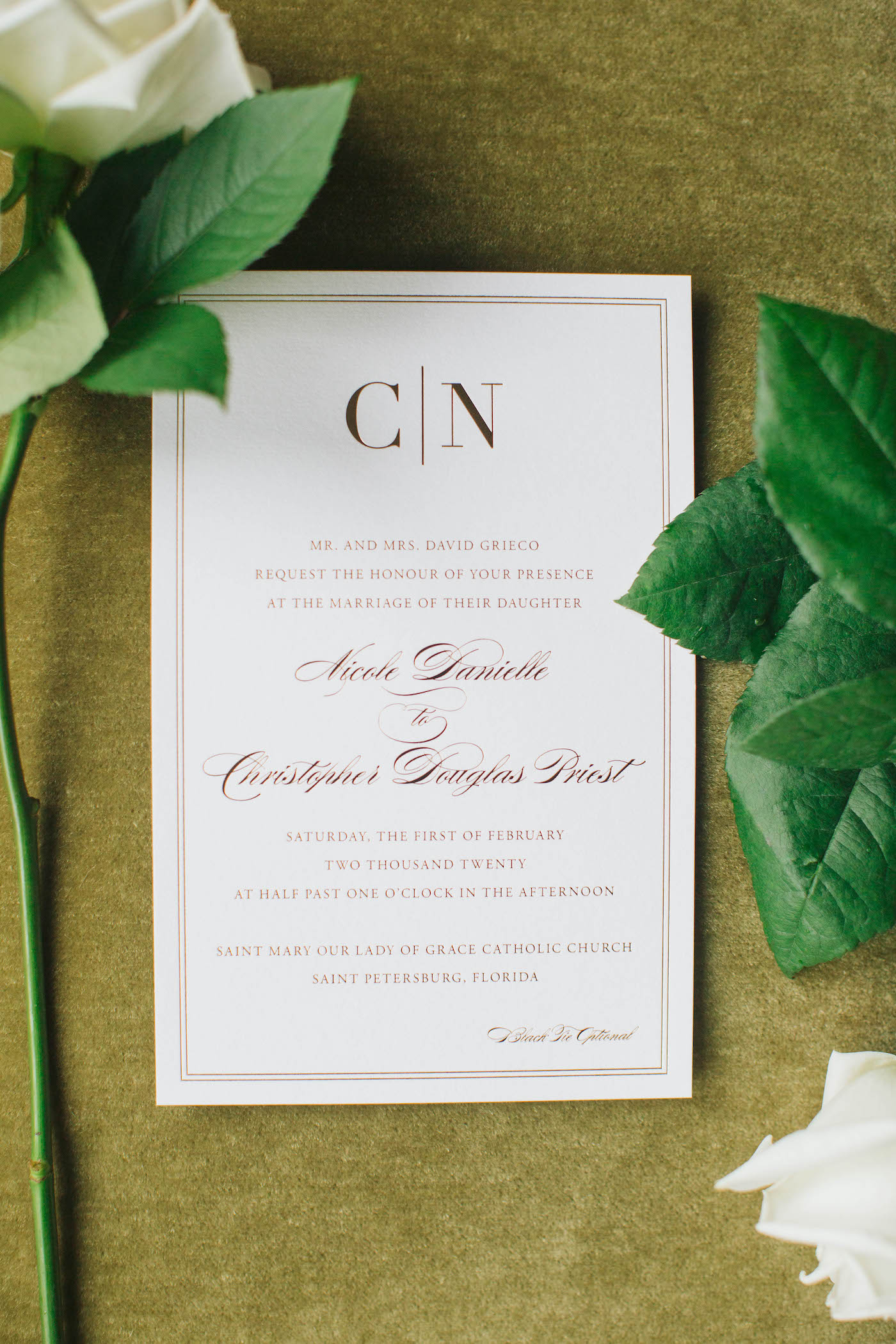 Classic Florida Wedding Invitation, Ivory and Gold Foil Wedding Stationery with Script and Modern Monogram